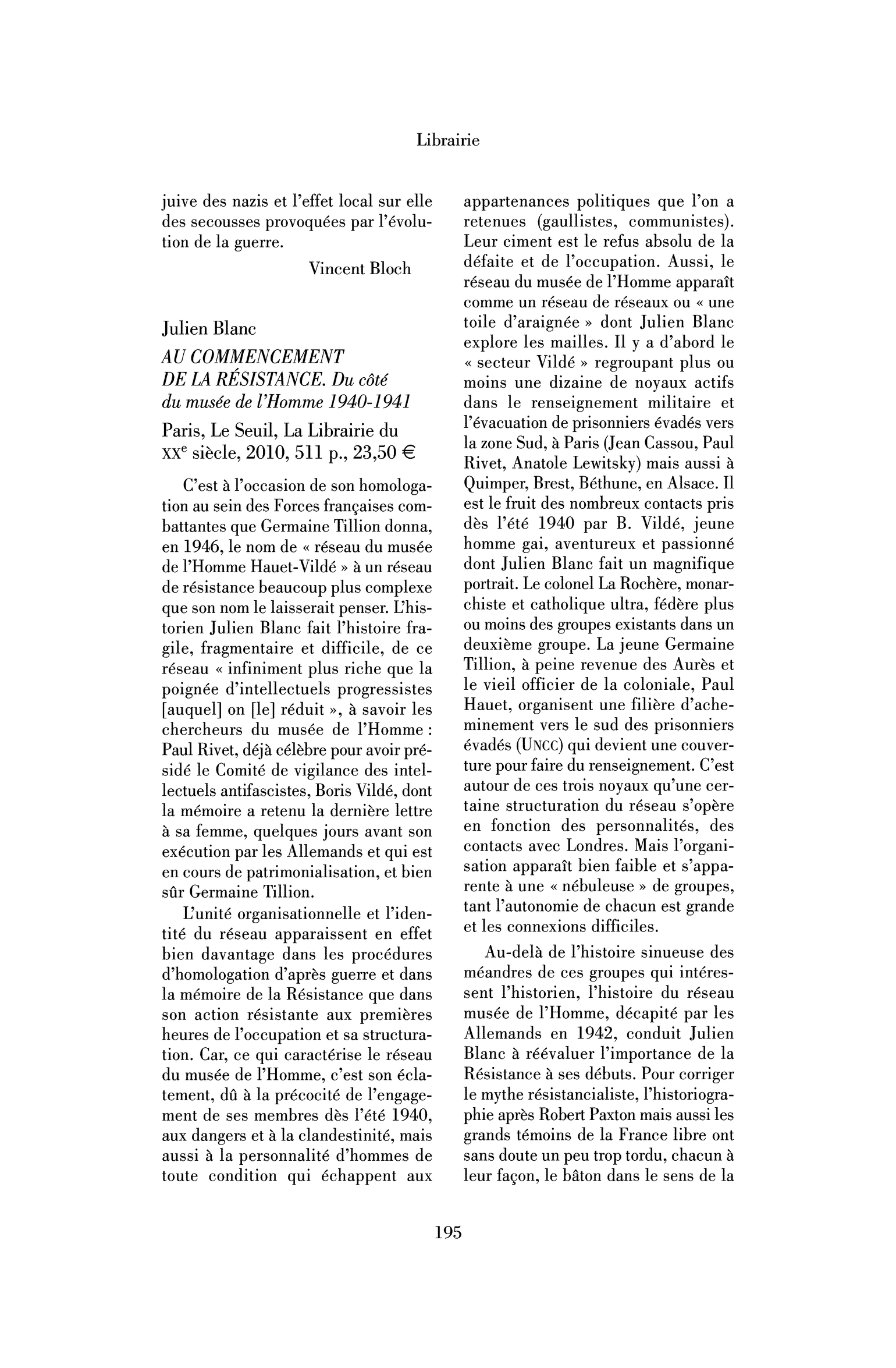 Julien Blanc : Au commencement de la Résistance. Du côté du musée de l’Homme 1940-1941