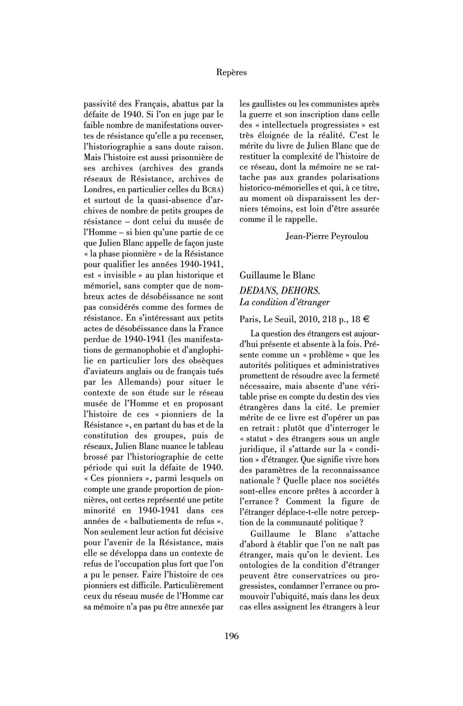 Guillaume le Blanc : Dedans, dehors. La condition d’étranger