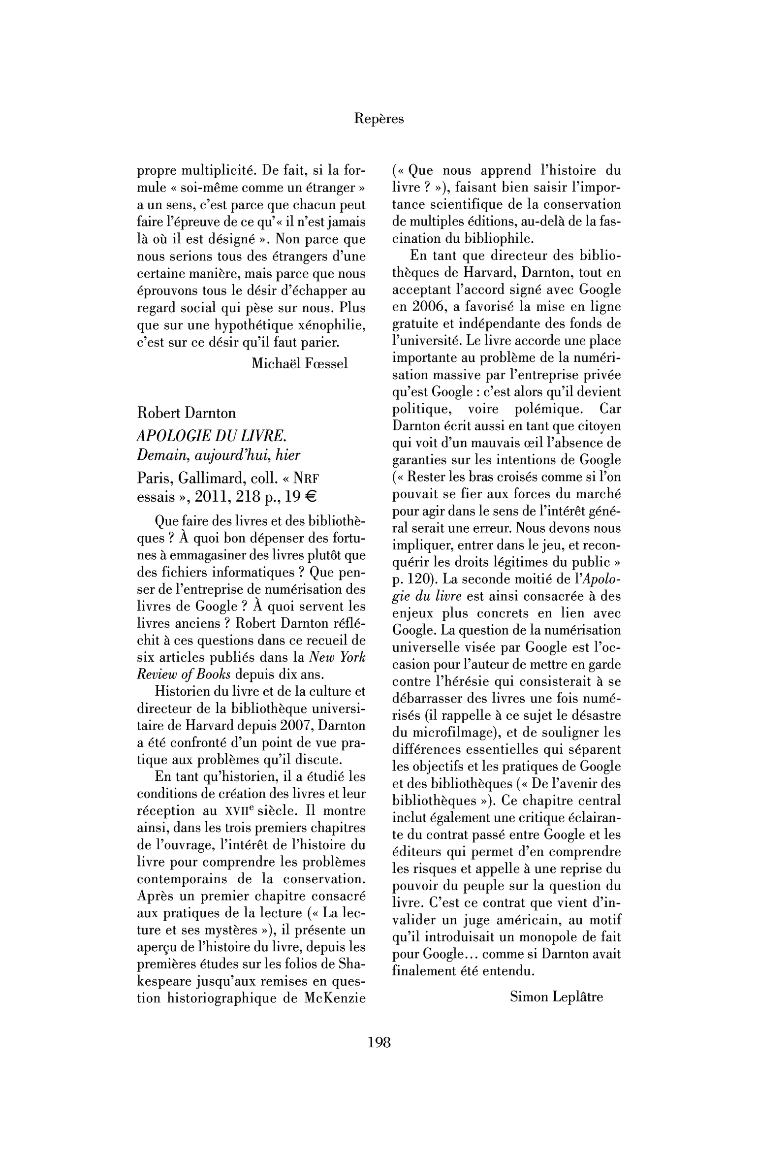 Robert Darnton : Apologie du livre. Demain, aujourd’hui, hier