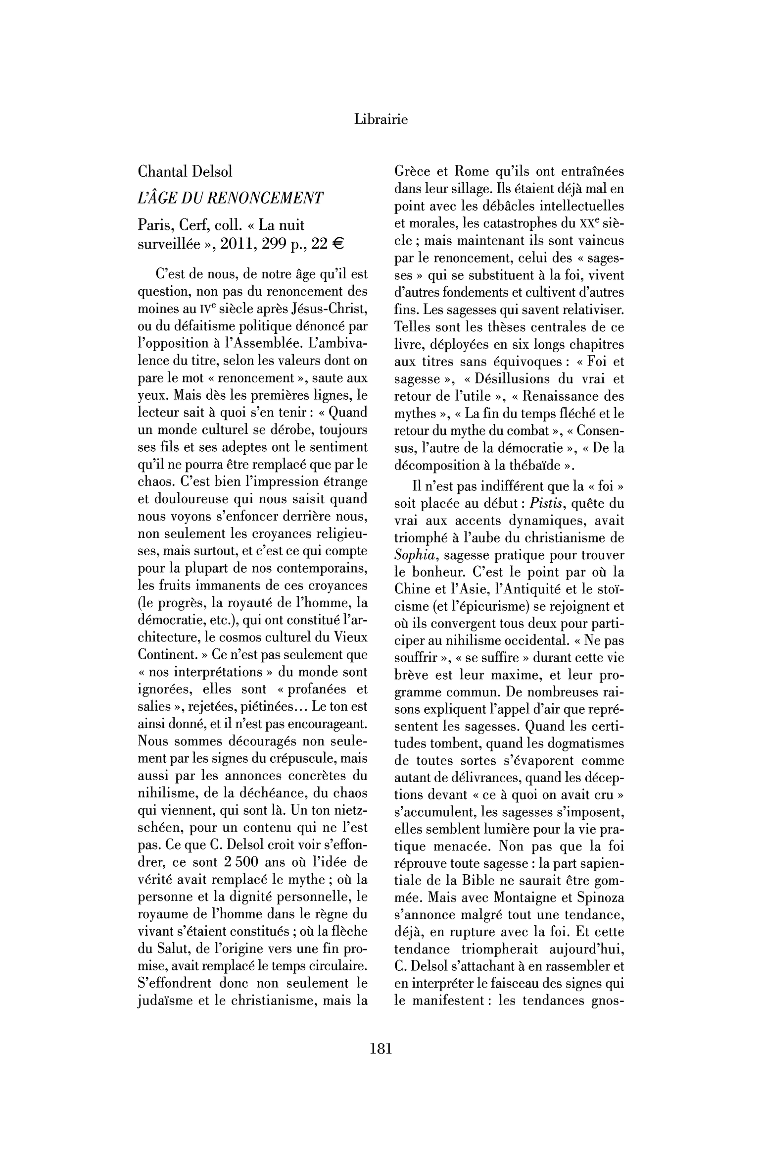 Chantal Delsol : l’Âge du renoncement