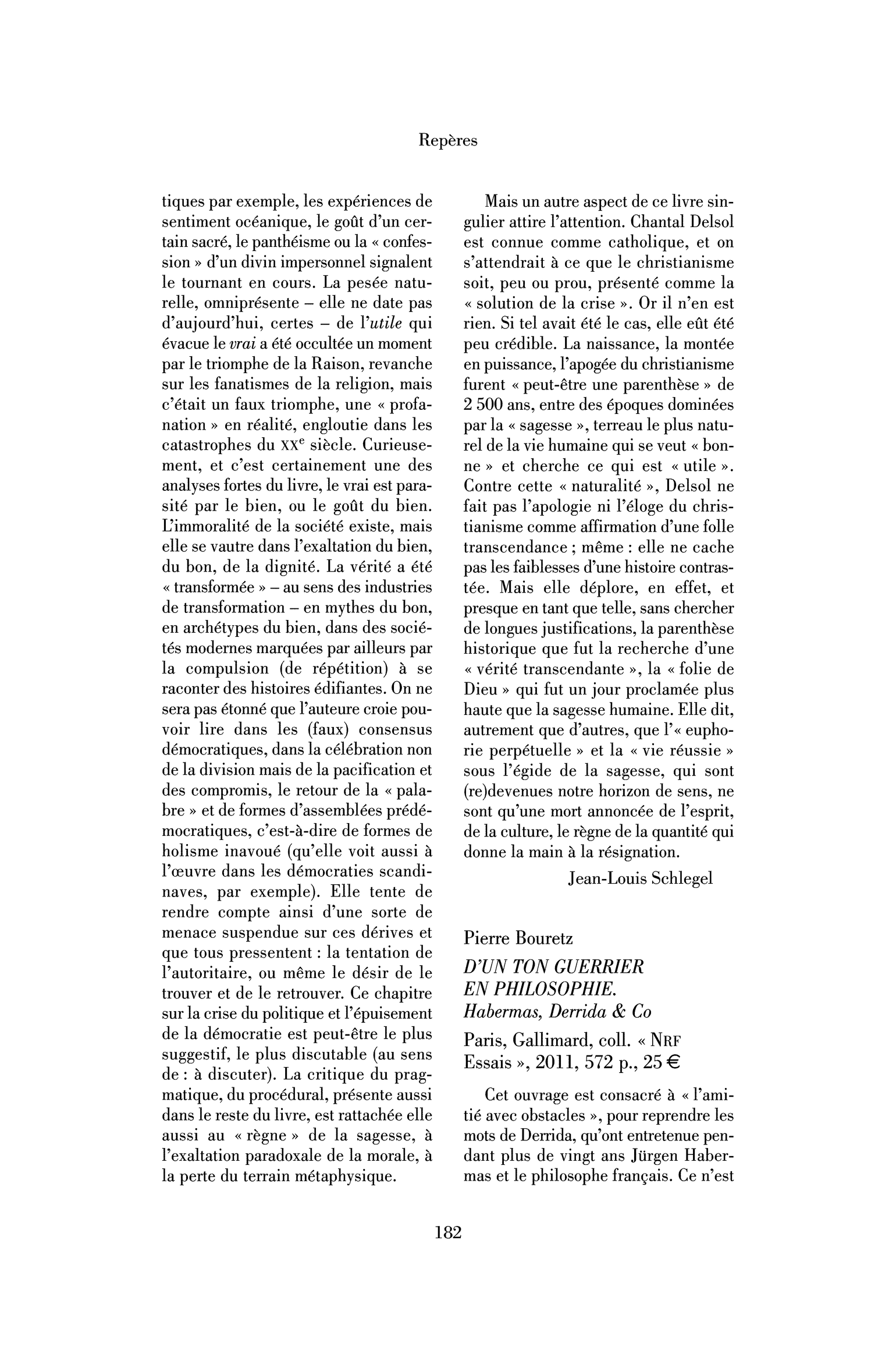 Pierre Bouretz : D’un ton guerrier en philosophie. Habermas, Derrida & Co