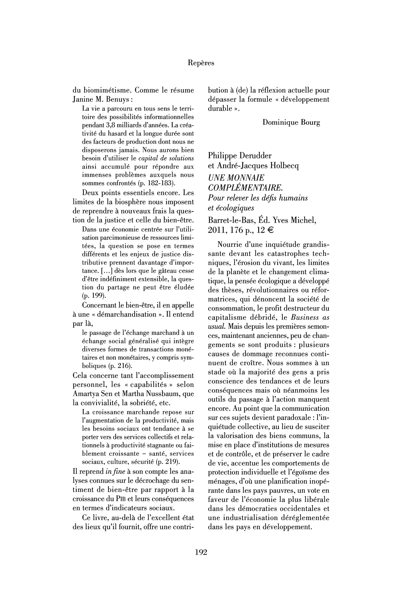 Philippe Derudder et André-Jacques Holbecq : Une monnaie complémentaire. Pour relever les défis humains et écologiques