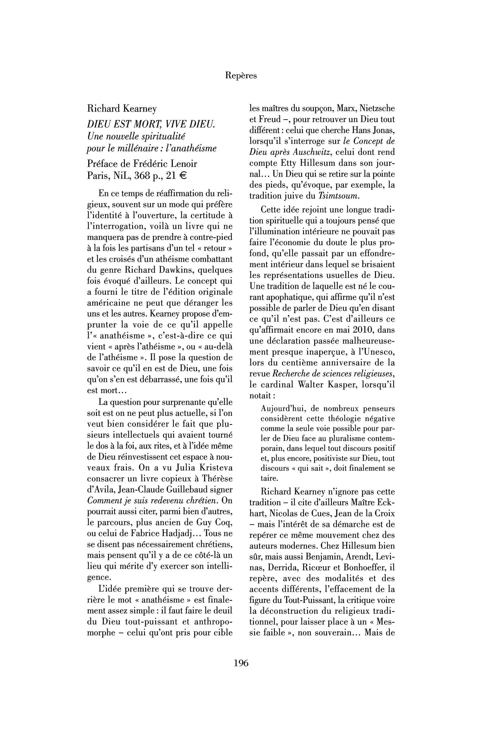 Richard Kearney : Dieu est mort, vive Dieu. Une nouvelle spiritualité pour le millénaire : l’anathéisme