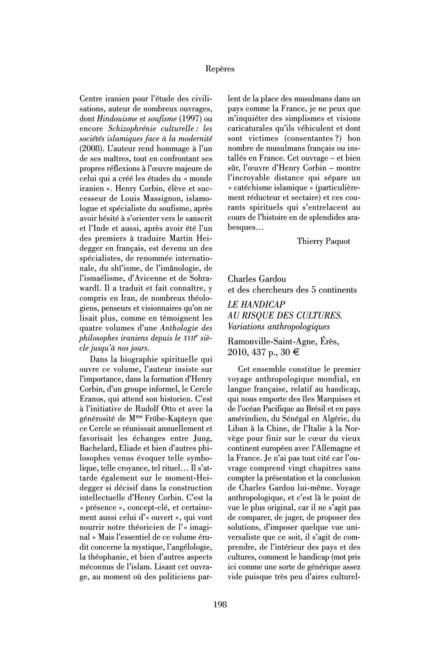 Charles Gardou et des chercheurs des 5 continents : le Handicap au risque des cultures. Variations anthropologiques