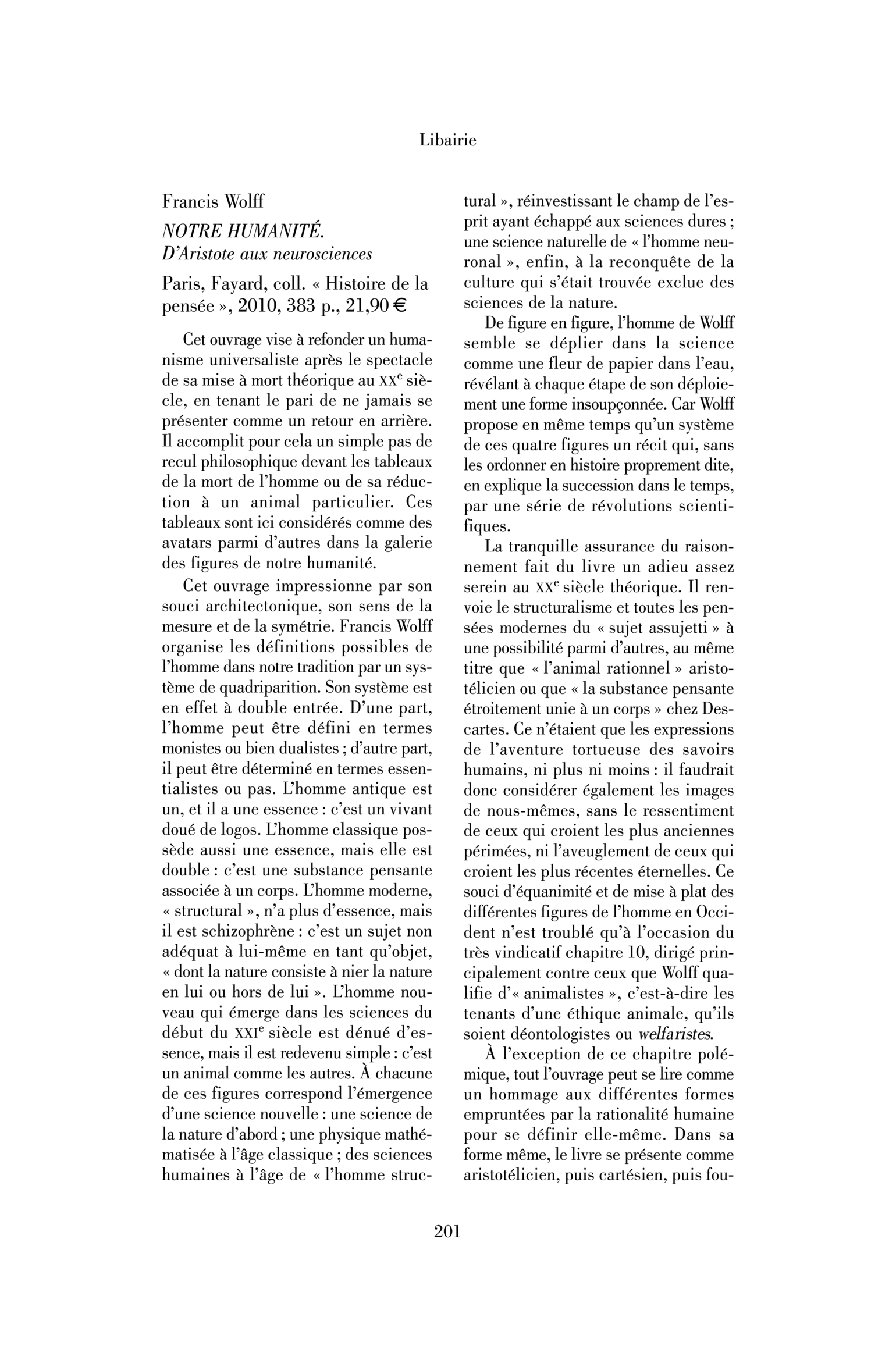 Francis Wolff : Notre humanité. D’Aristote aux neurosciences