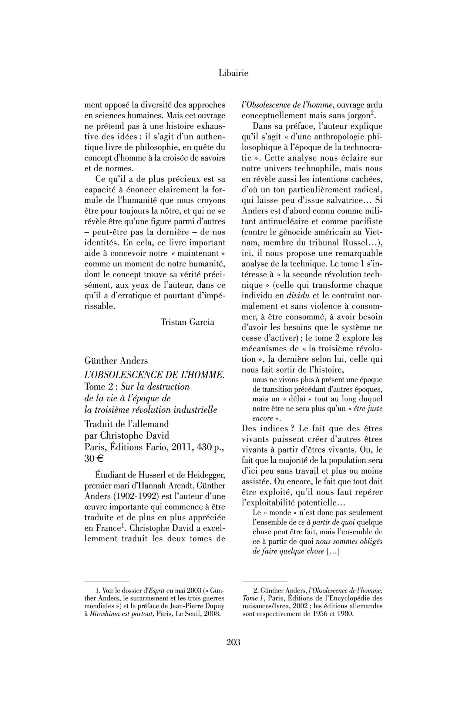Günther Anders : l’Obsolescence de l’homme. Tome 2 : Sur la destruction de la vie à l’époque de la troisième révolution industrielle