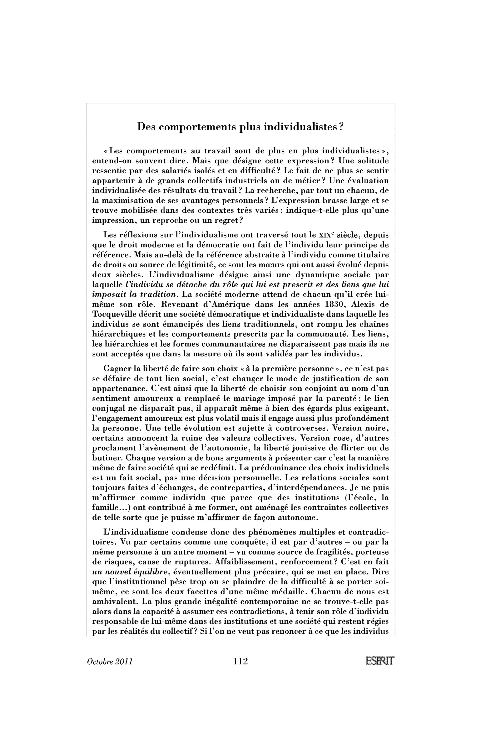 Des comportements plus individualistes ? (encadré)