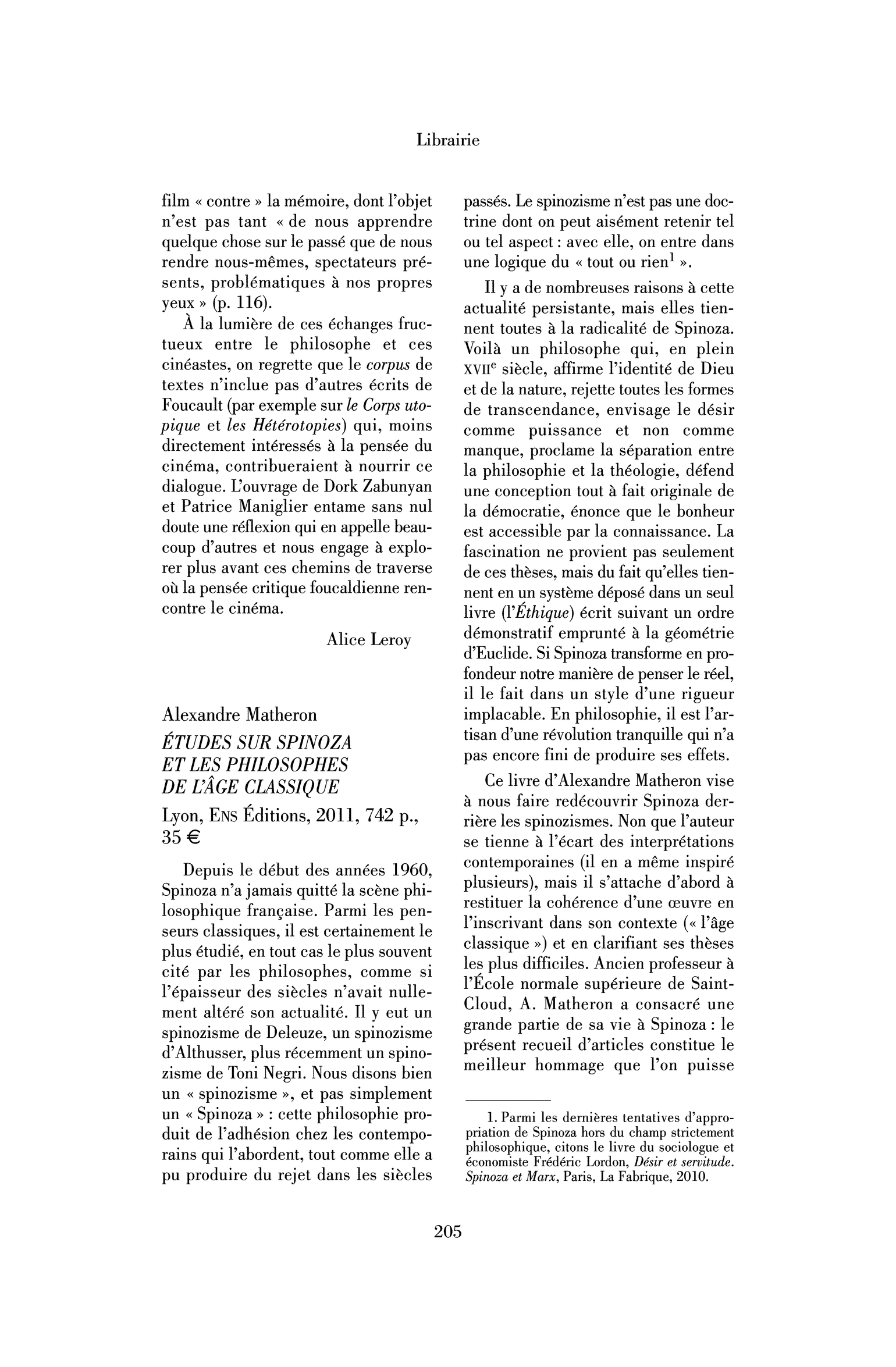 Alexandre Matheron : Études sur Spinoza et les philosophes de l’âge classique
