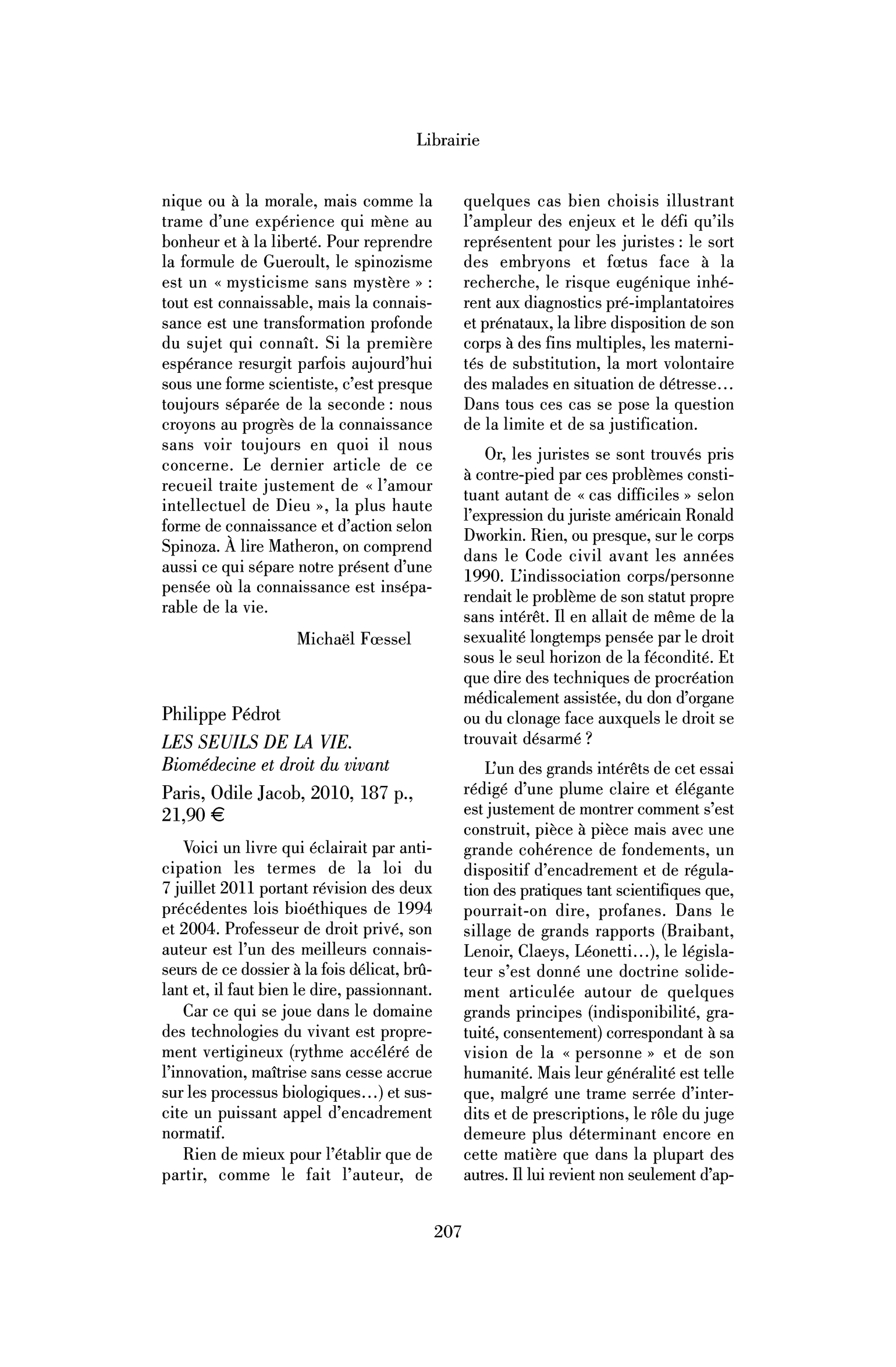 Philippe Pédrot : les Seuils de la vie. biomédecine et droit du vivant