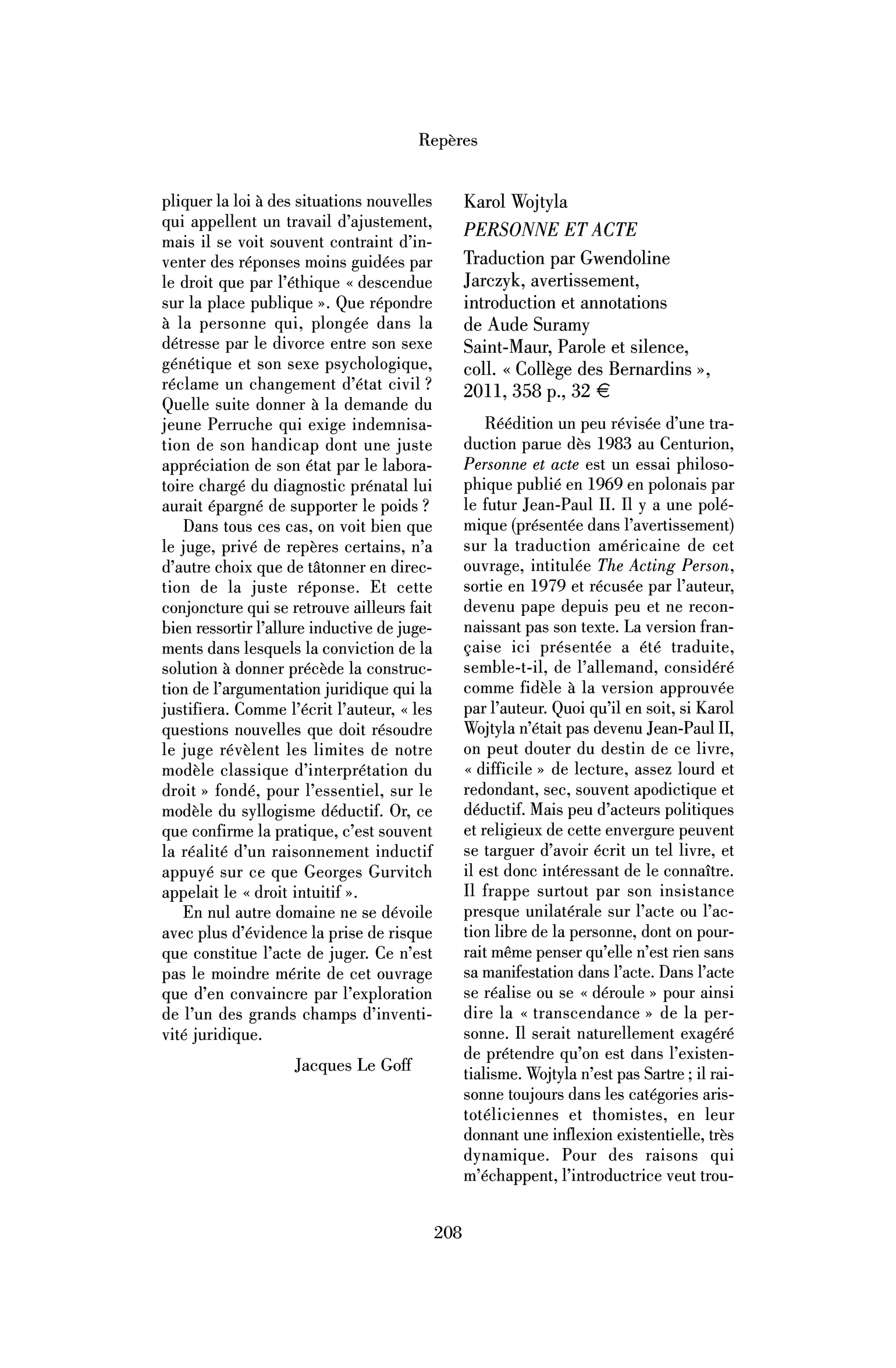 Karol Wojtyla : Personne et acte