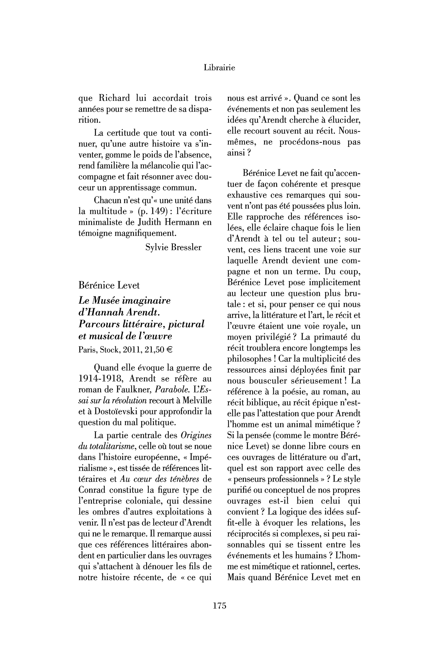 Bérénice Levet : le Musée imaginaire d’Hannah Arendt. Parcours littéraire, pictural et musical de l’œuvre