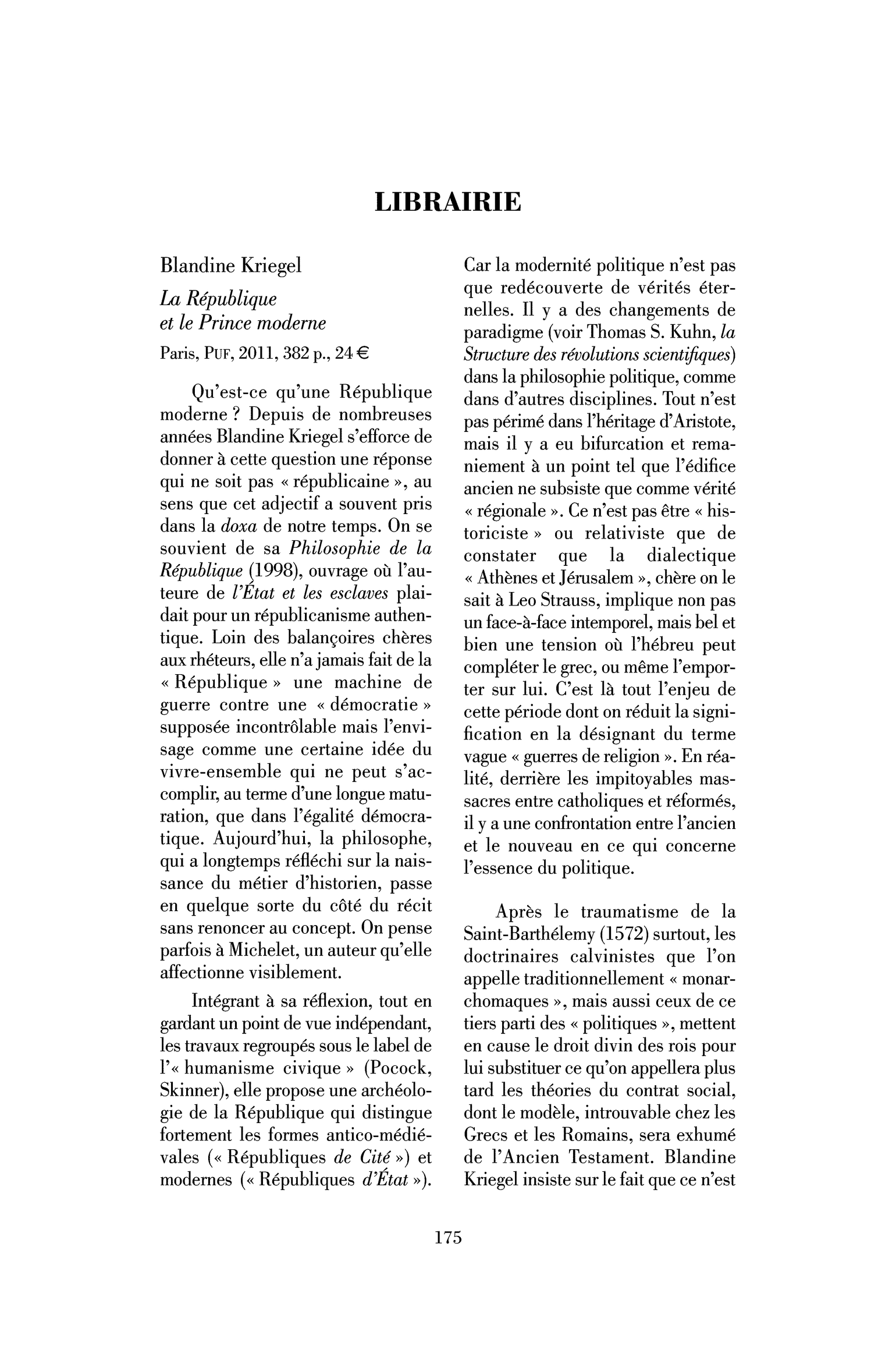 Blandine Kriegel : la République et le Prince moderne