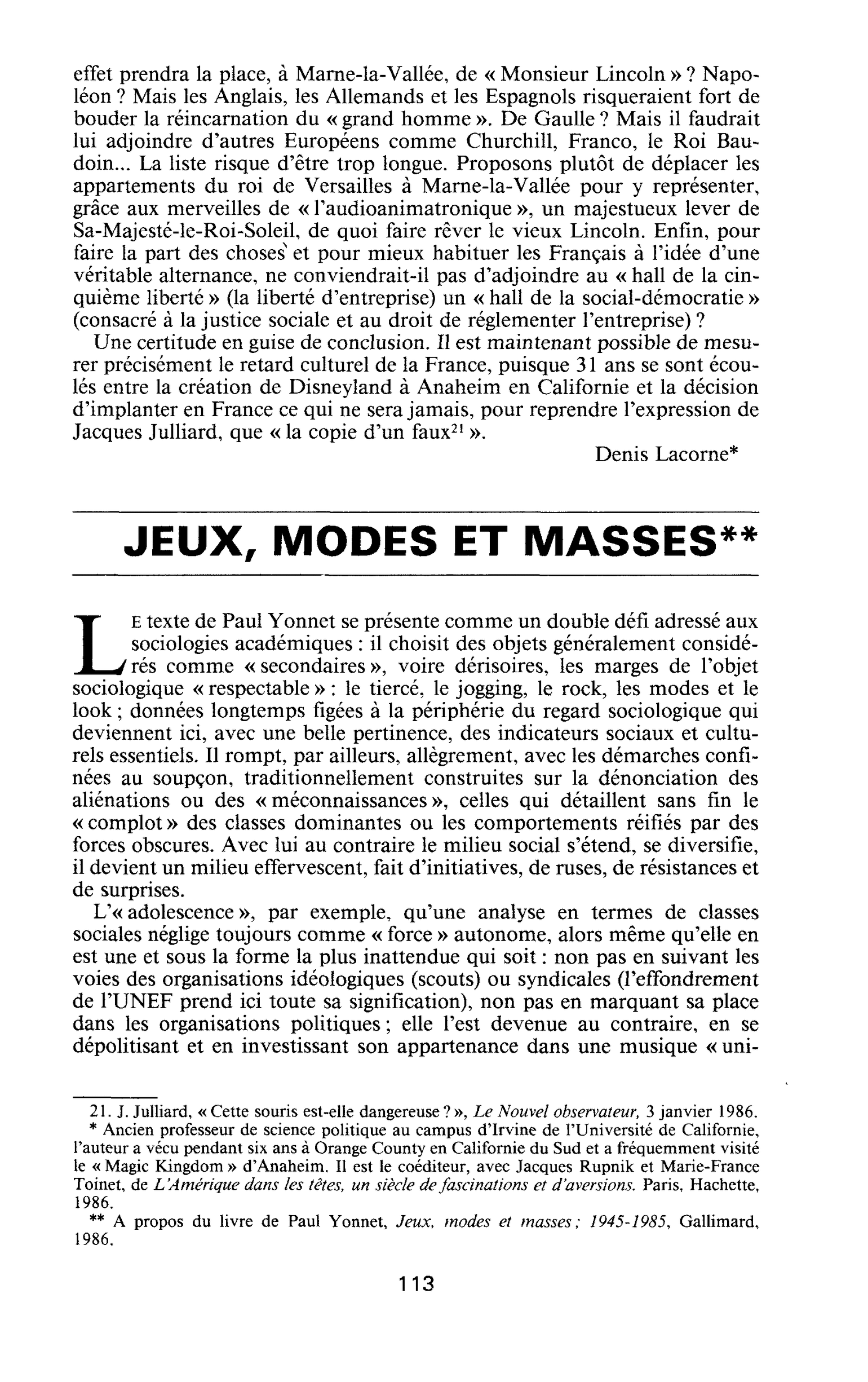 « Jeux, modes et masses » de Paul Yonnet