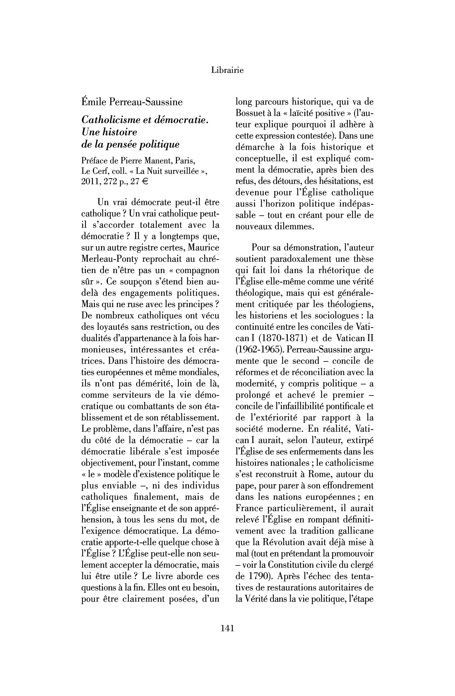 Émile Perreau-Saussine : Catholicisme et démocratie. Une histoire de la pensée politique