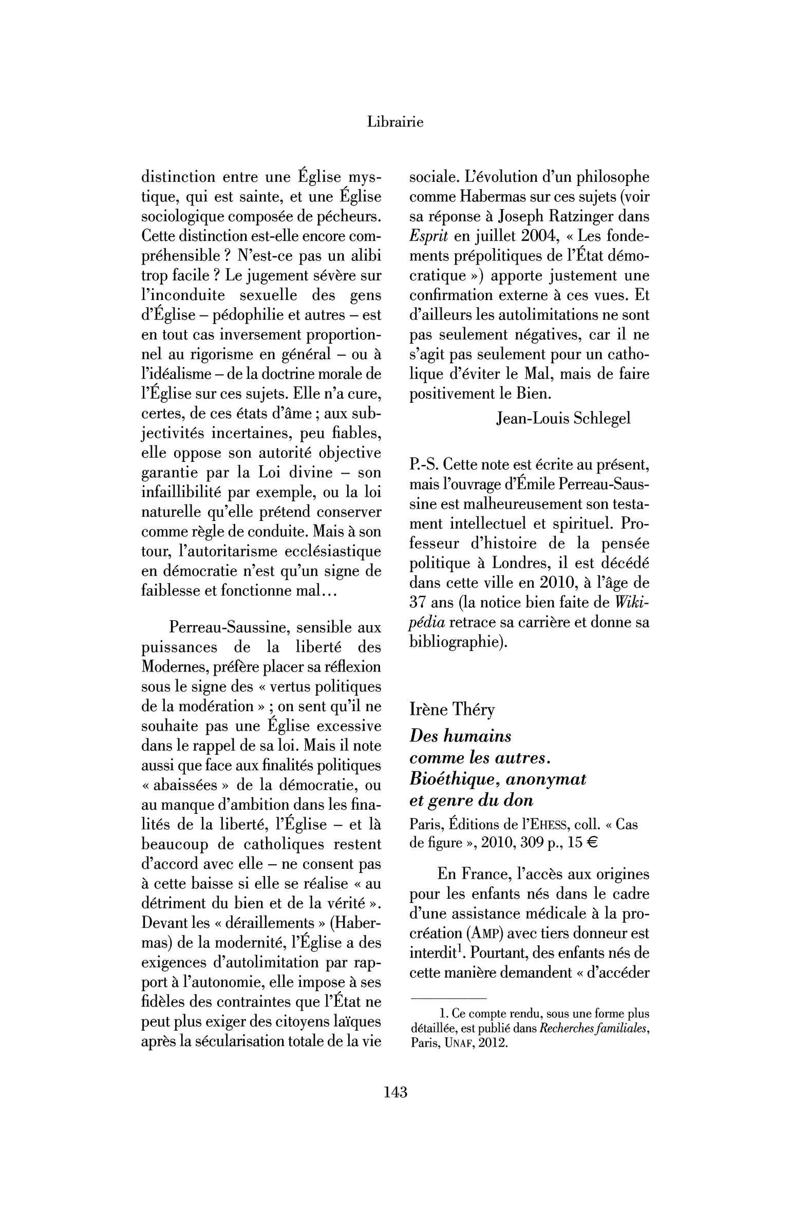 Théry Irène : Des humains comme les autres. Bioéthique, anonymat et genre du don