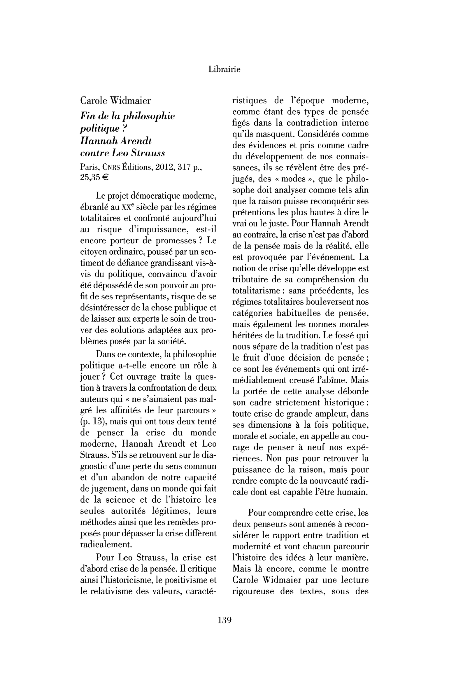 Carole Widmaier : Fin de la philosophie politique? Hannah Arendt contre Leo Strauss