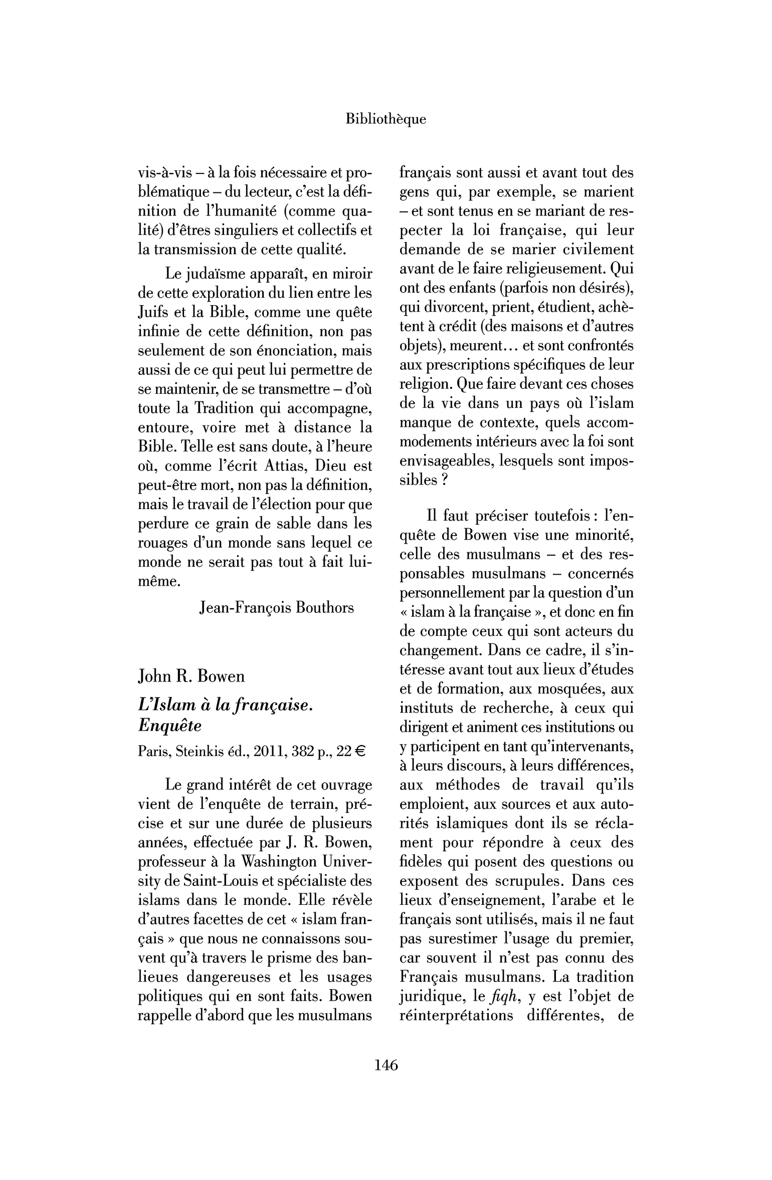 John R. Bowen : l’Islam à la française. Enquête