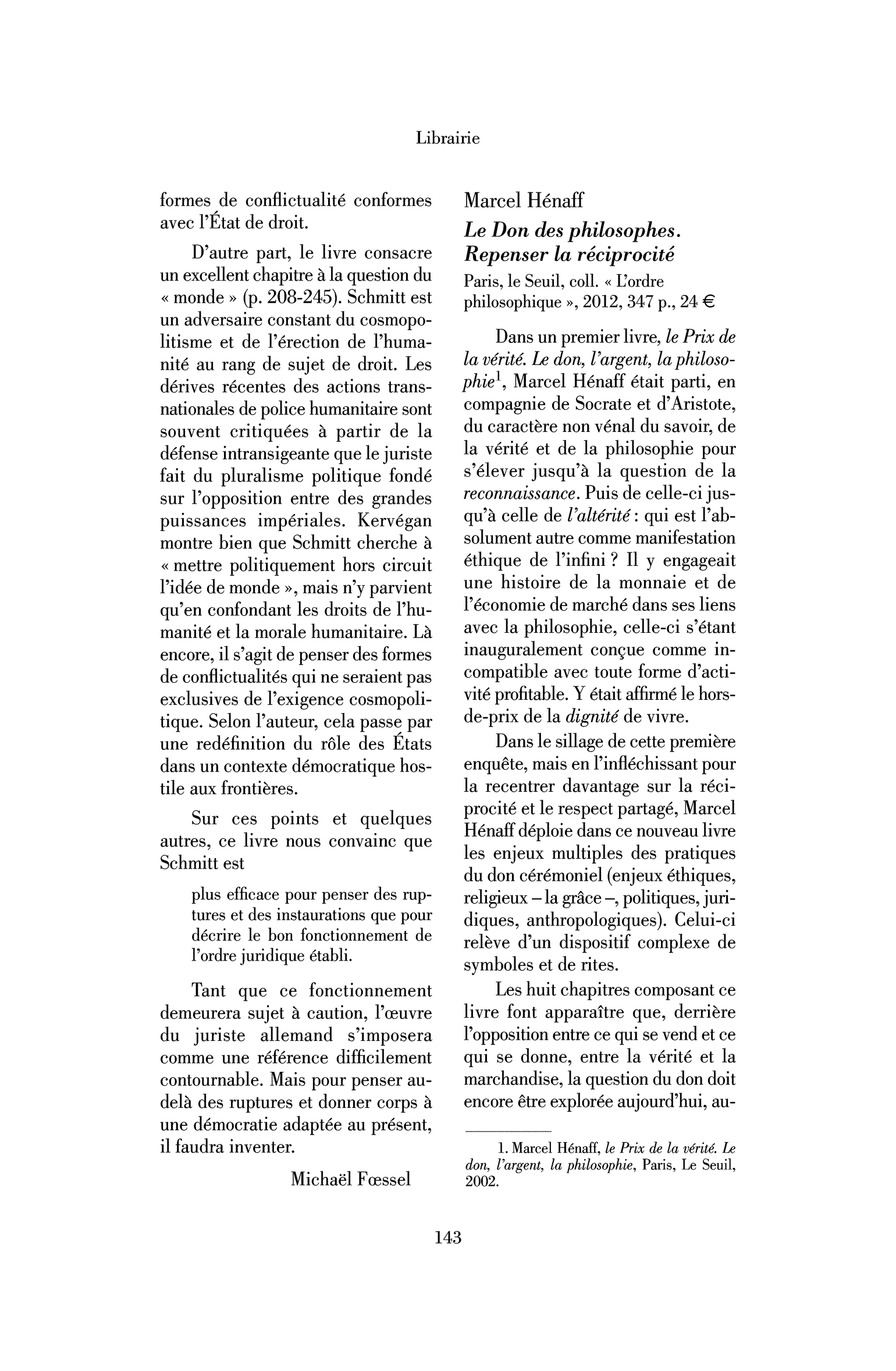 Marcel Hénaff : le Don des philosophes. Repenser la réciprocité