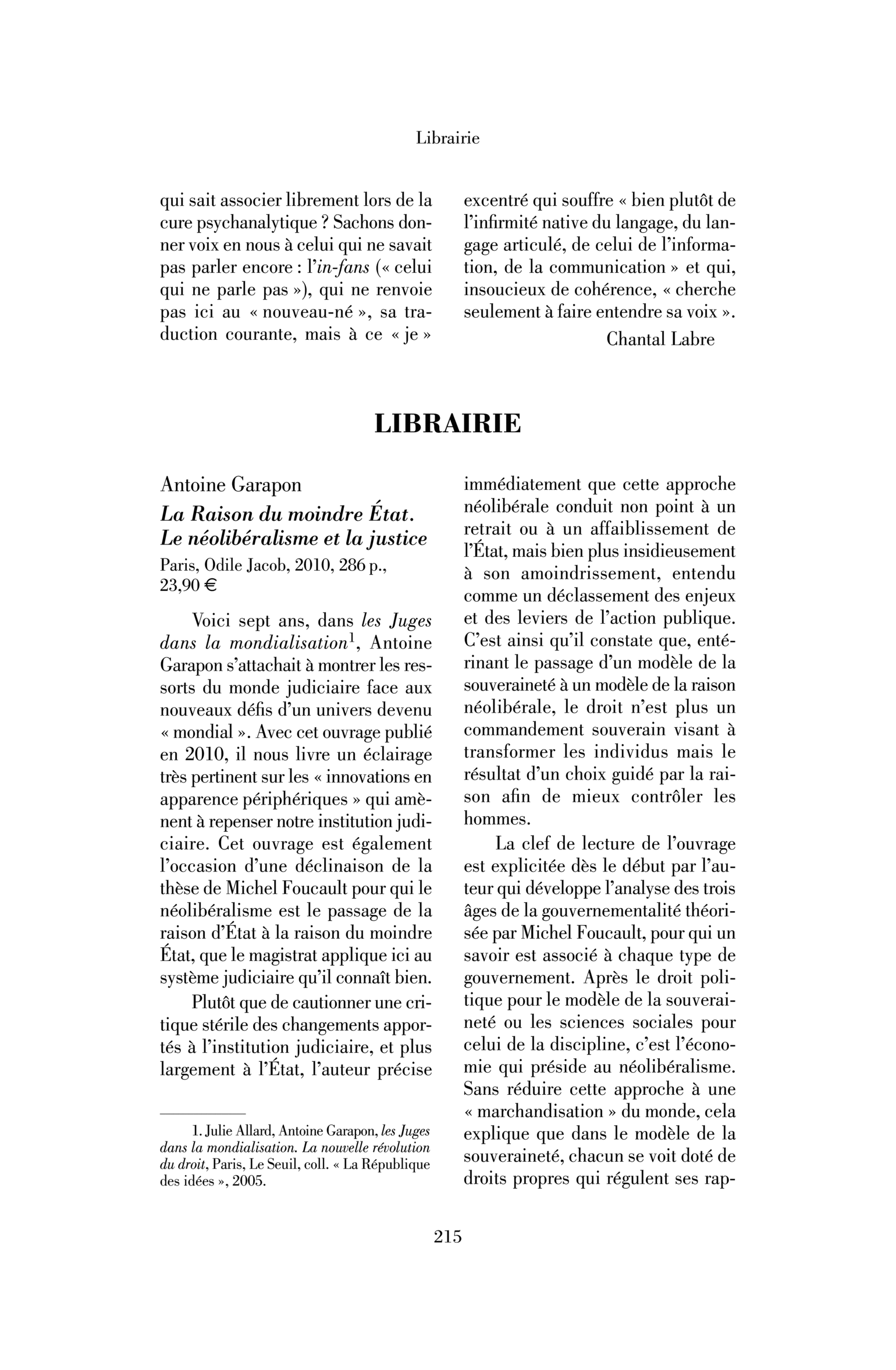 Antoine Garapon : la Raison du moindre État. Le néolibéralisme et la justice