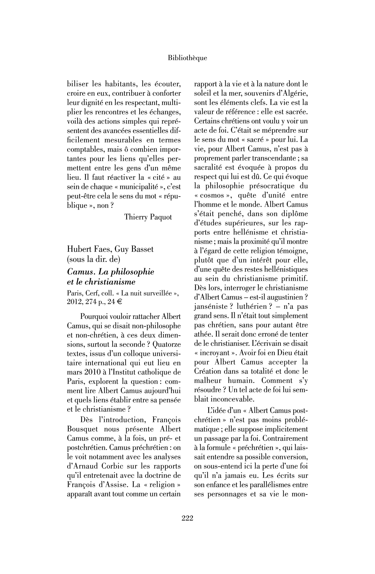 Hubert Faes, Guy Basset (sous la dir. de) : Camus. La philosophie et le christianisme