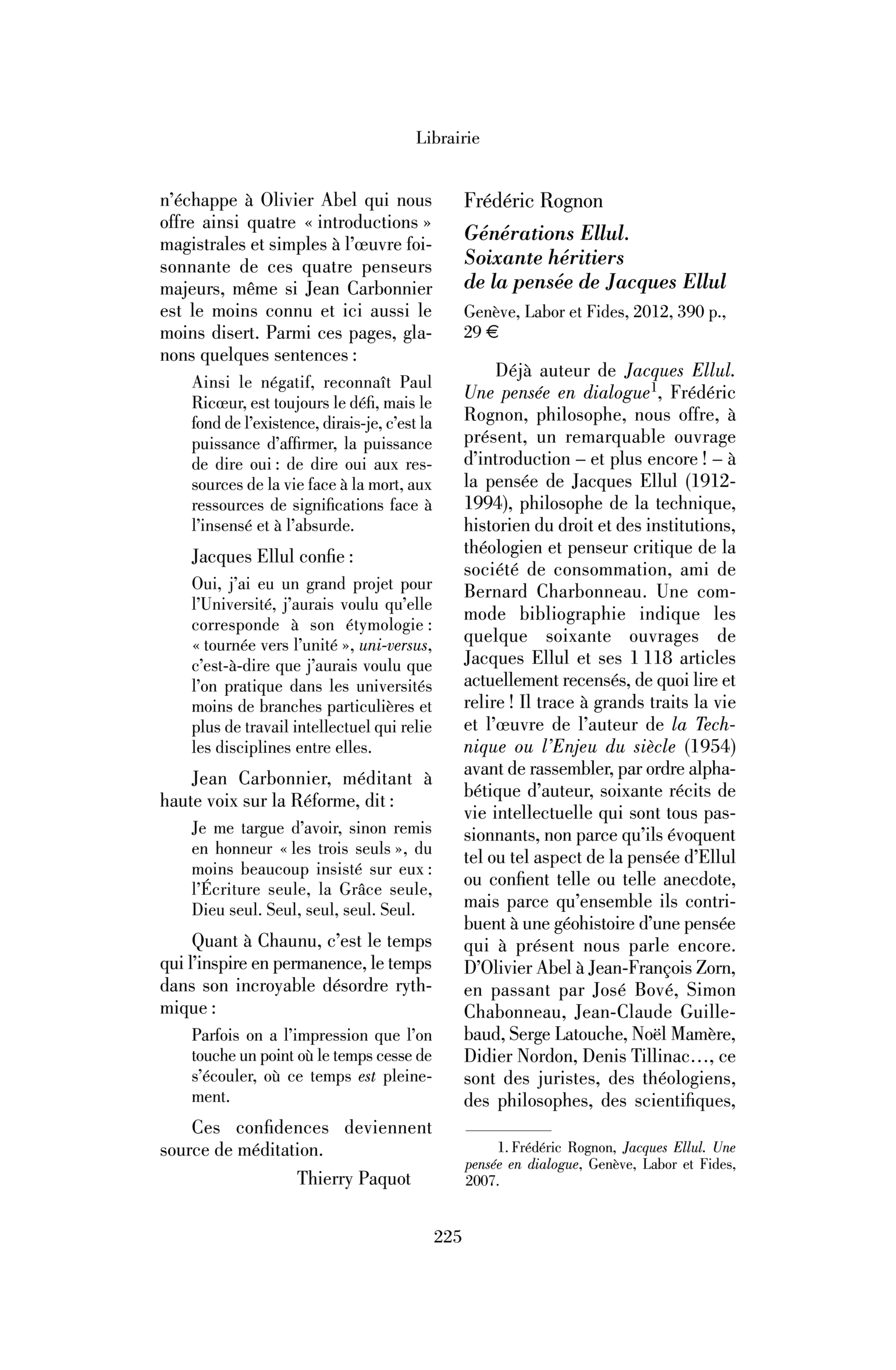 Frédéric Rognon : Générations Ellul. Soixante héritiers de la pensée de Jacques Ellul