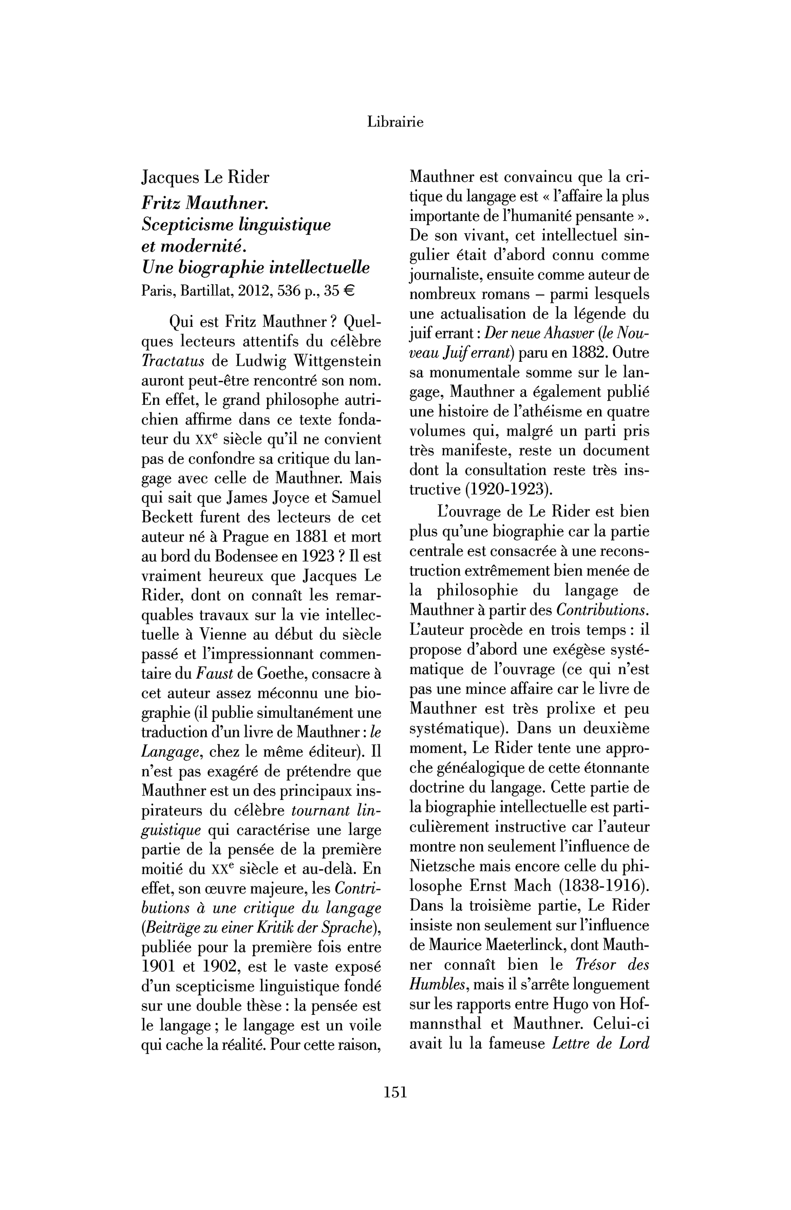 Jacques Le Rider : Fritz Mauthner. Scepticisme linguistique et modernité. Une biographie intellectuelle