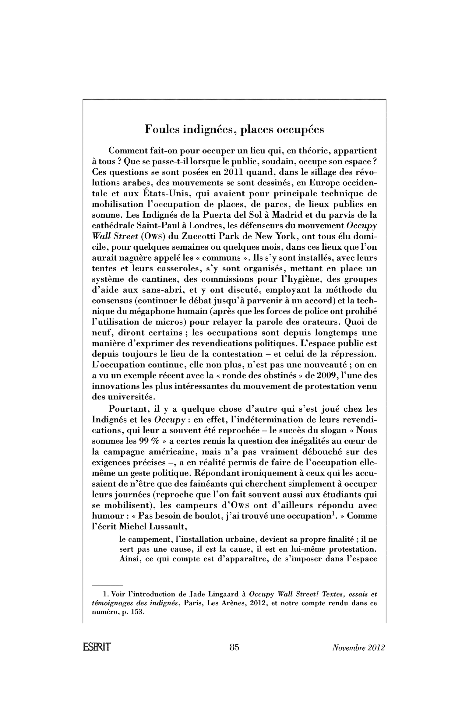 Foules indignées, places occupées (encadré)