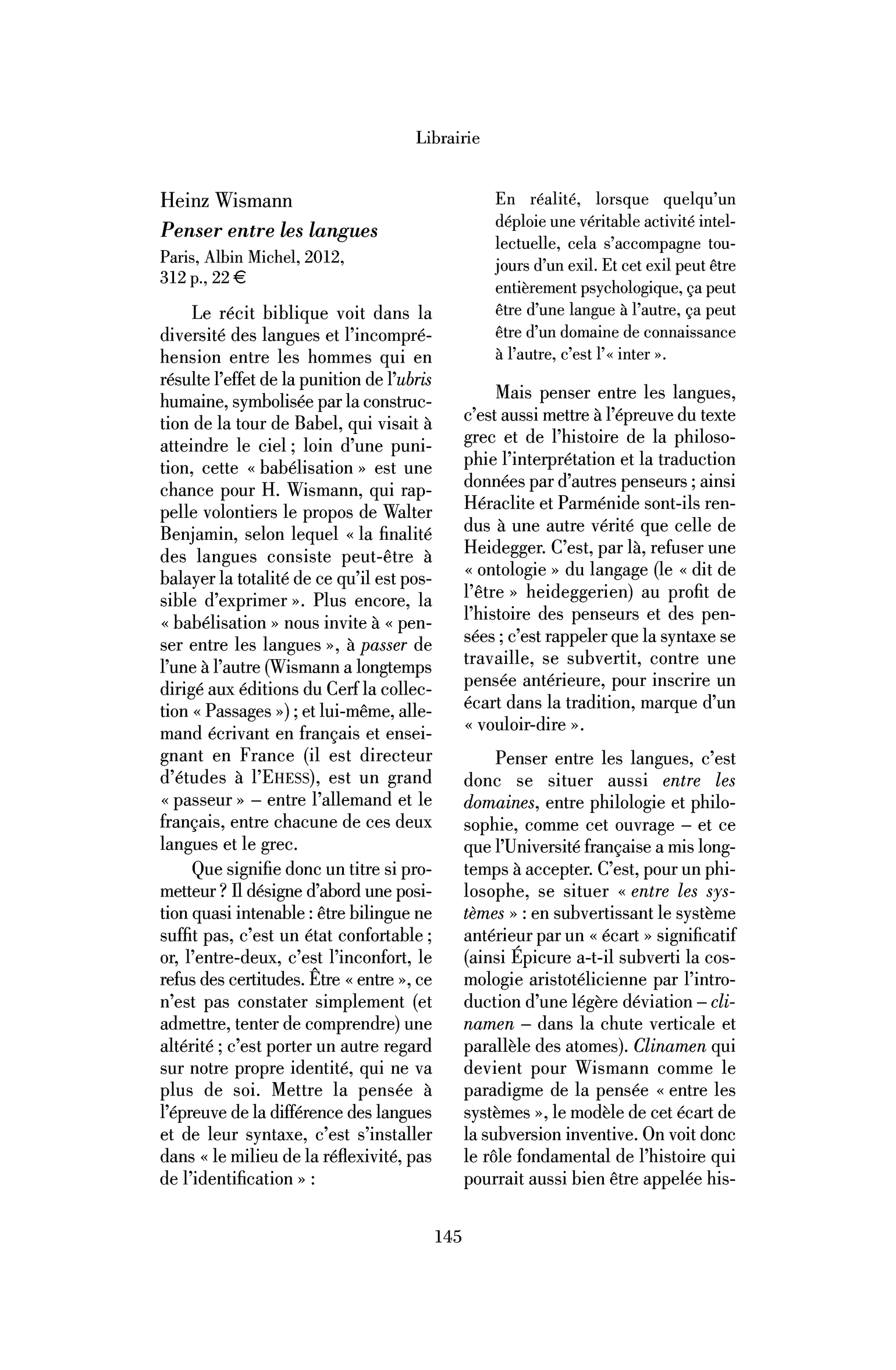Heinz Wismann : Penser entre les langues