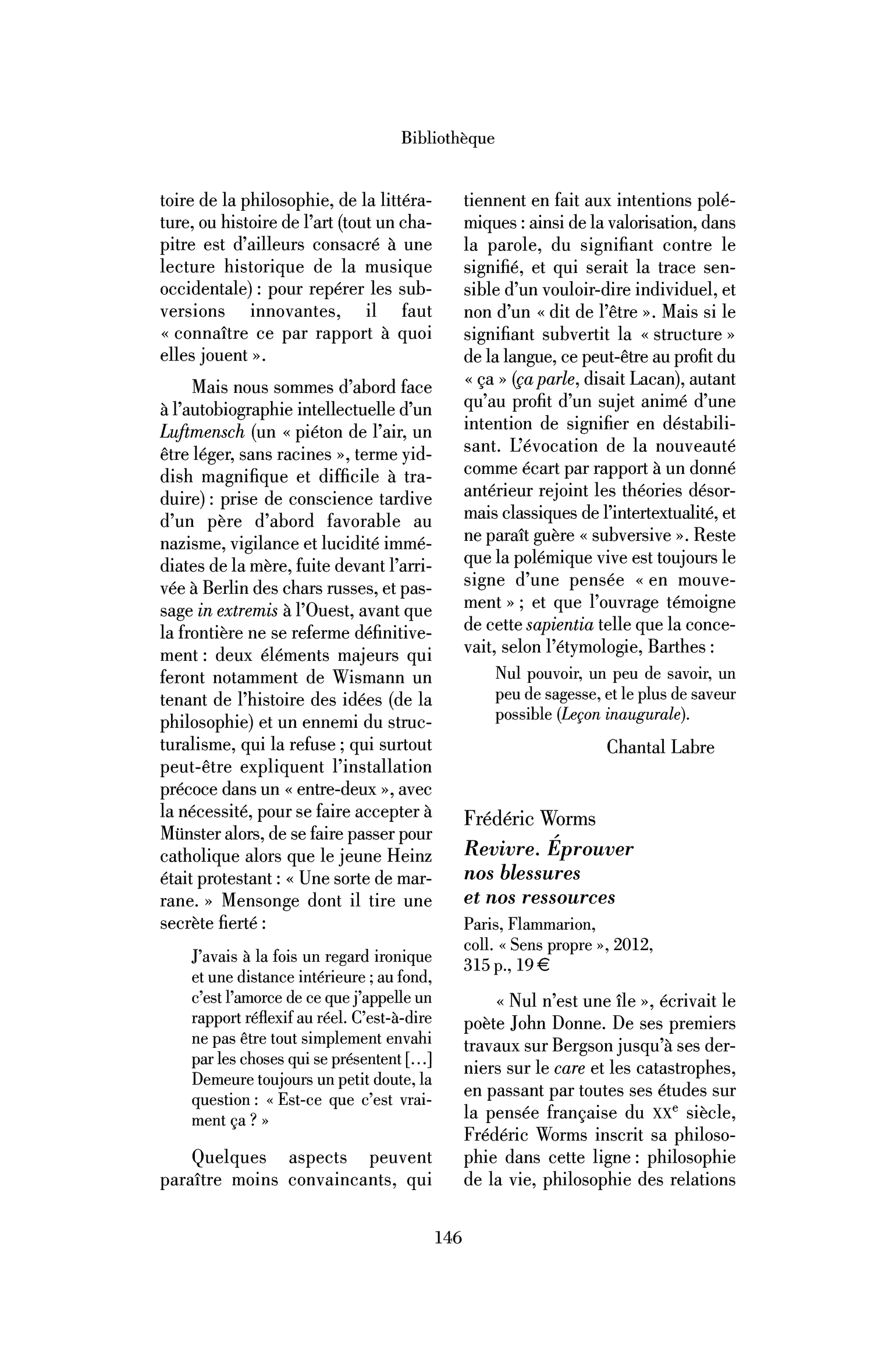 Frédéric Worms : Revivre. Éprouver nos blessures et nos ressources