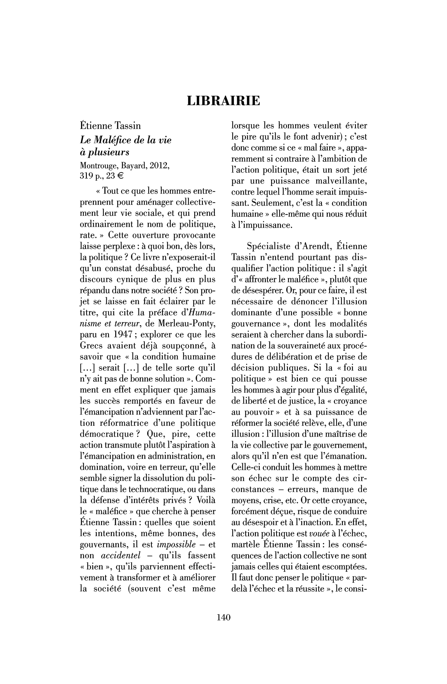 Étienne Tassin : le Maléfice de la vie à plusieurs