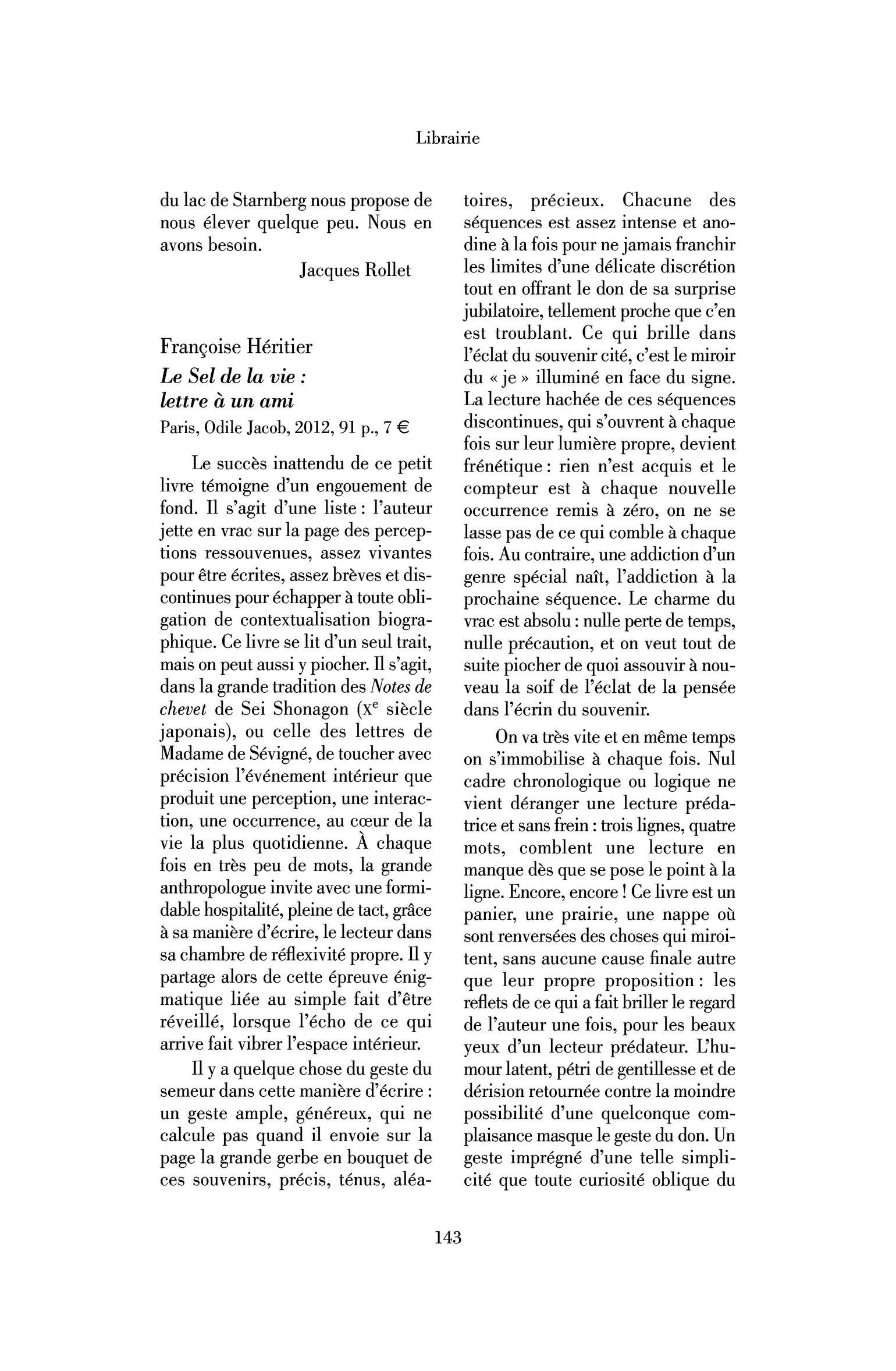 Françoise Héritier : le Sel de la vie : lettre à un ami