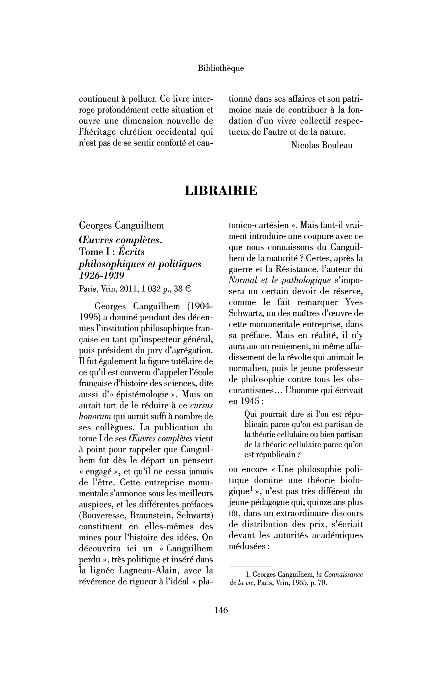 Georges Canguilhem : Œuvres complètes. Tome I : Écrits philosophiques et politiques 1926-1939