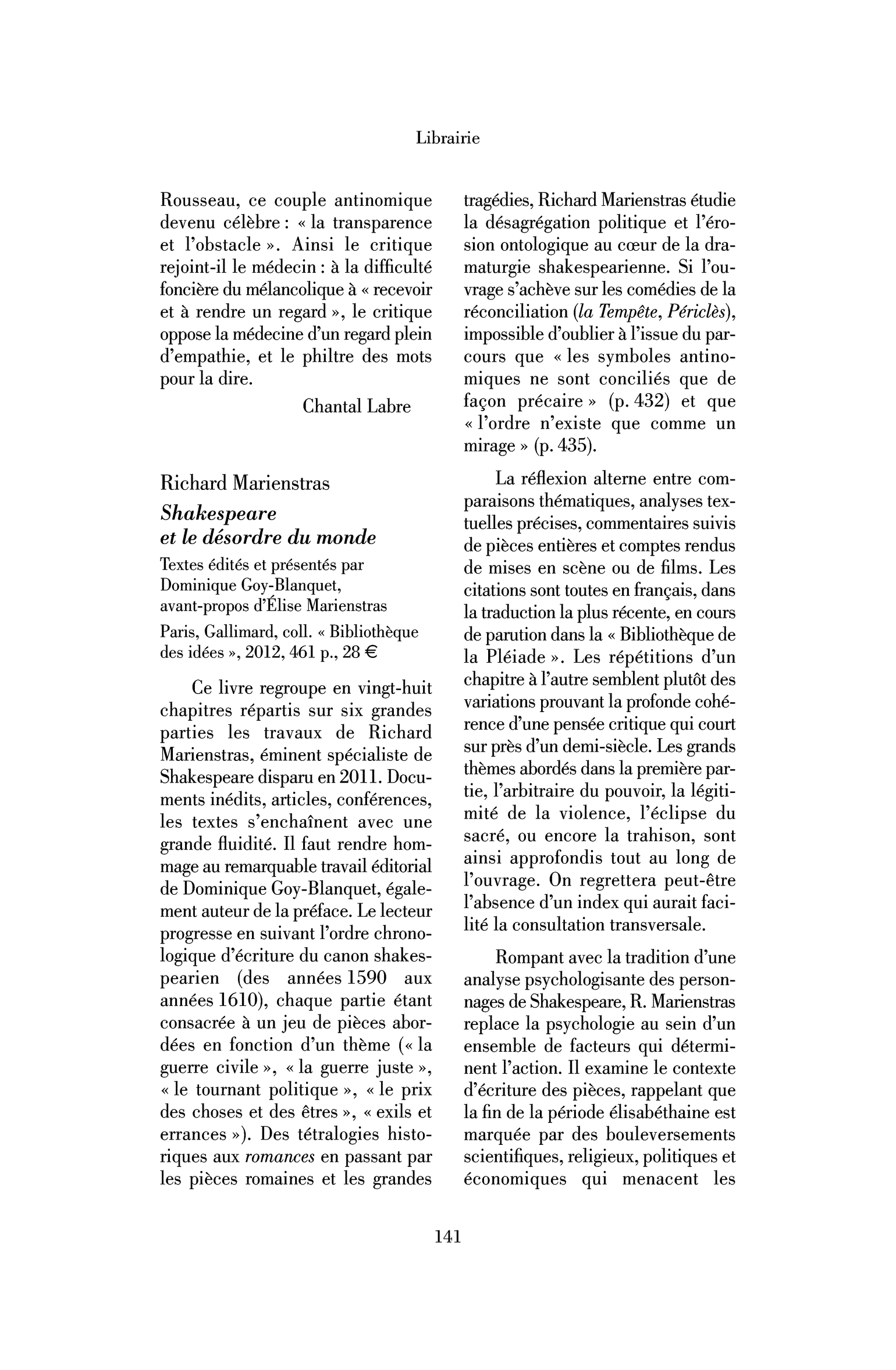 Richard Marienstras : Shakespeare et le désordre du monde