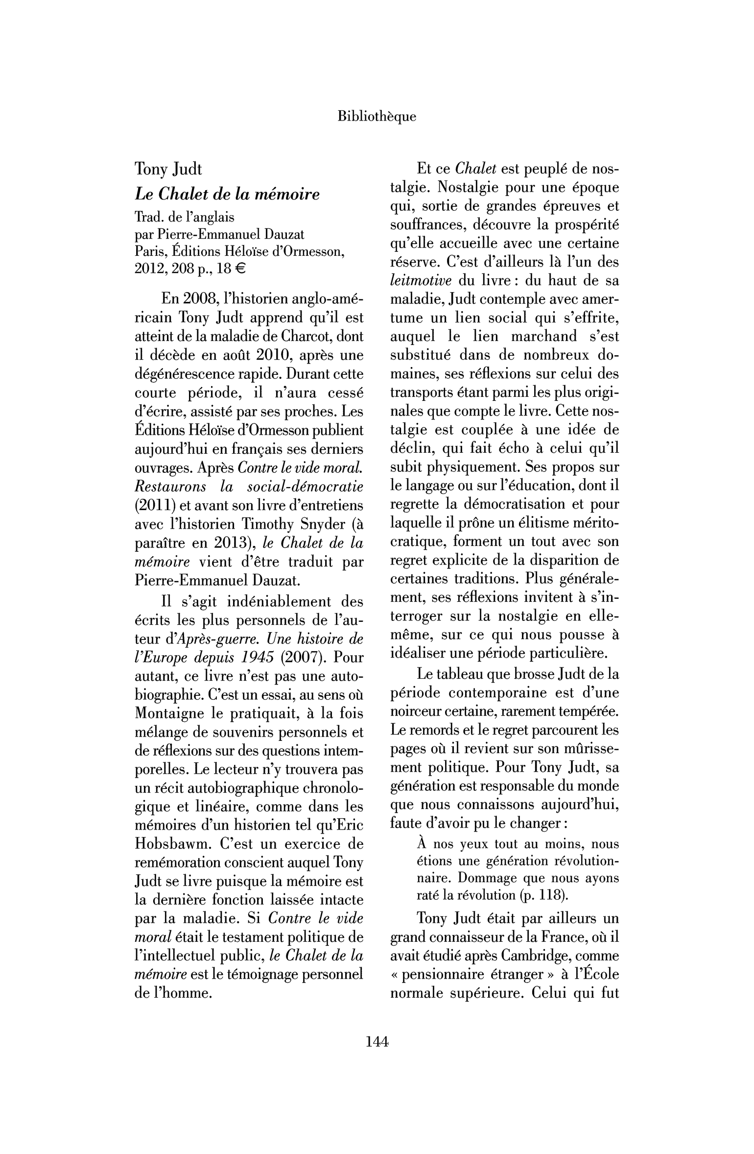 Tony Judt : le Chalet de la mémoire