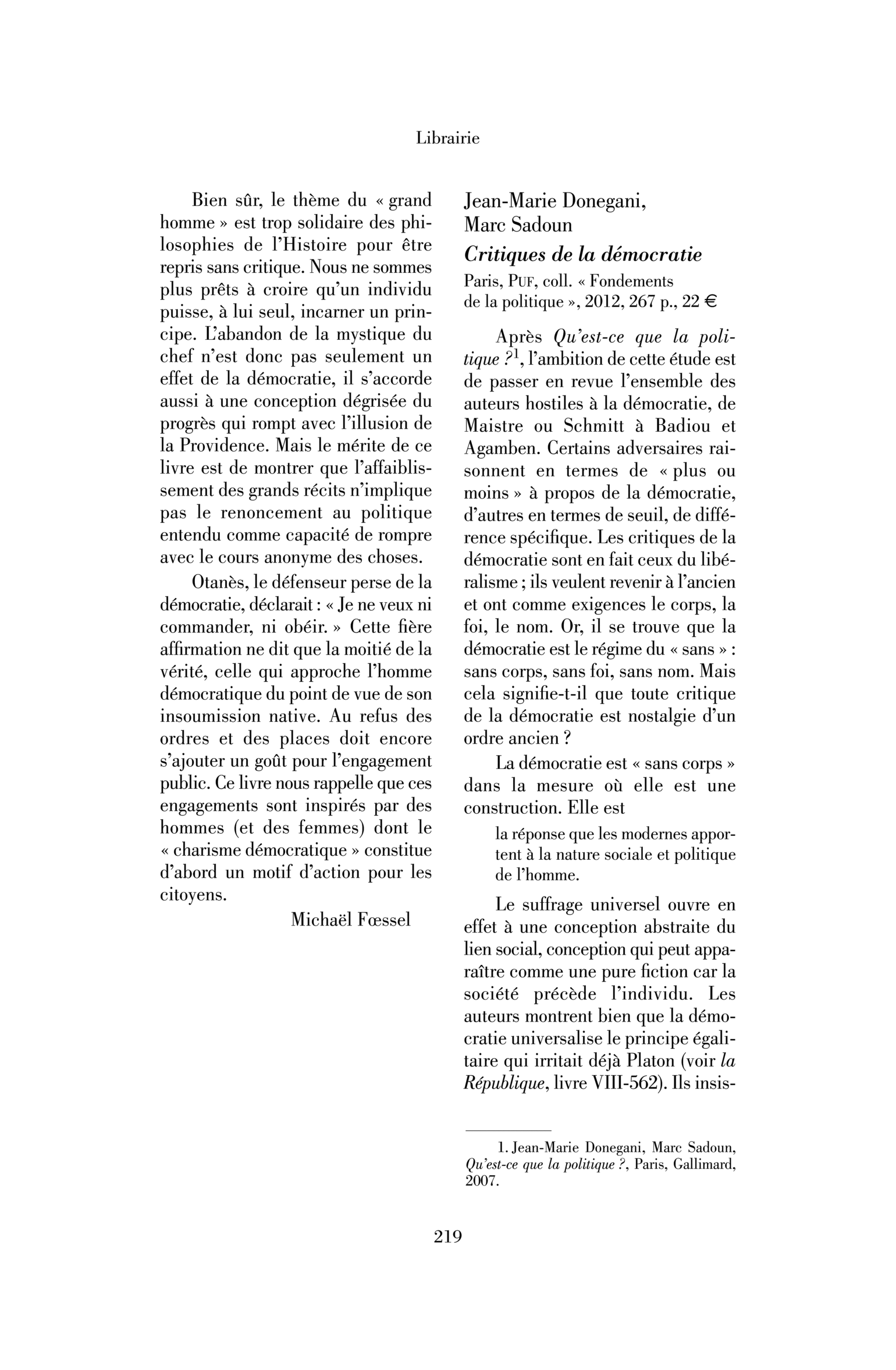 Jean-Marie Donegani, Marc Sadoun: Critiques de la démocratie