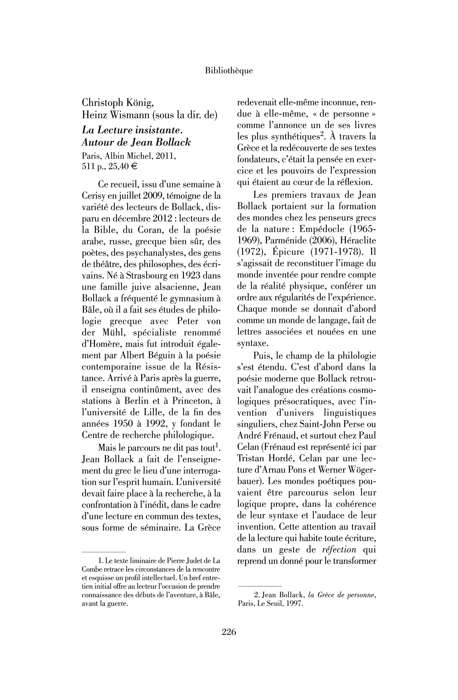 Christoph König, Heinz Wismann (sous la dir. de) : la Lecture insistante. Autour de Jean Bollack