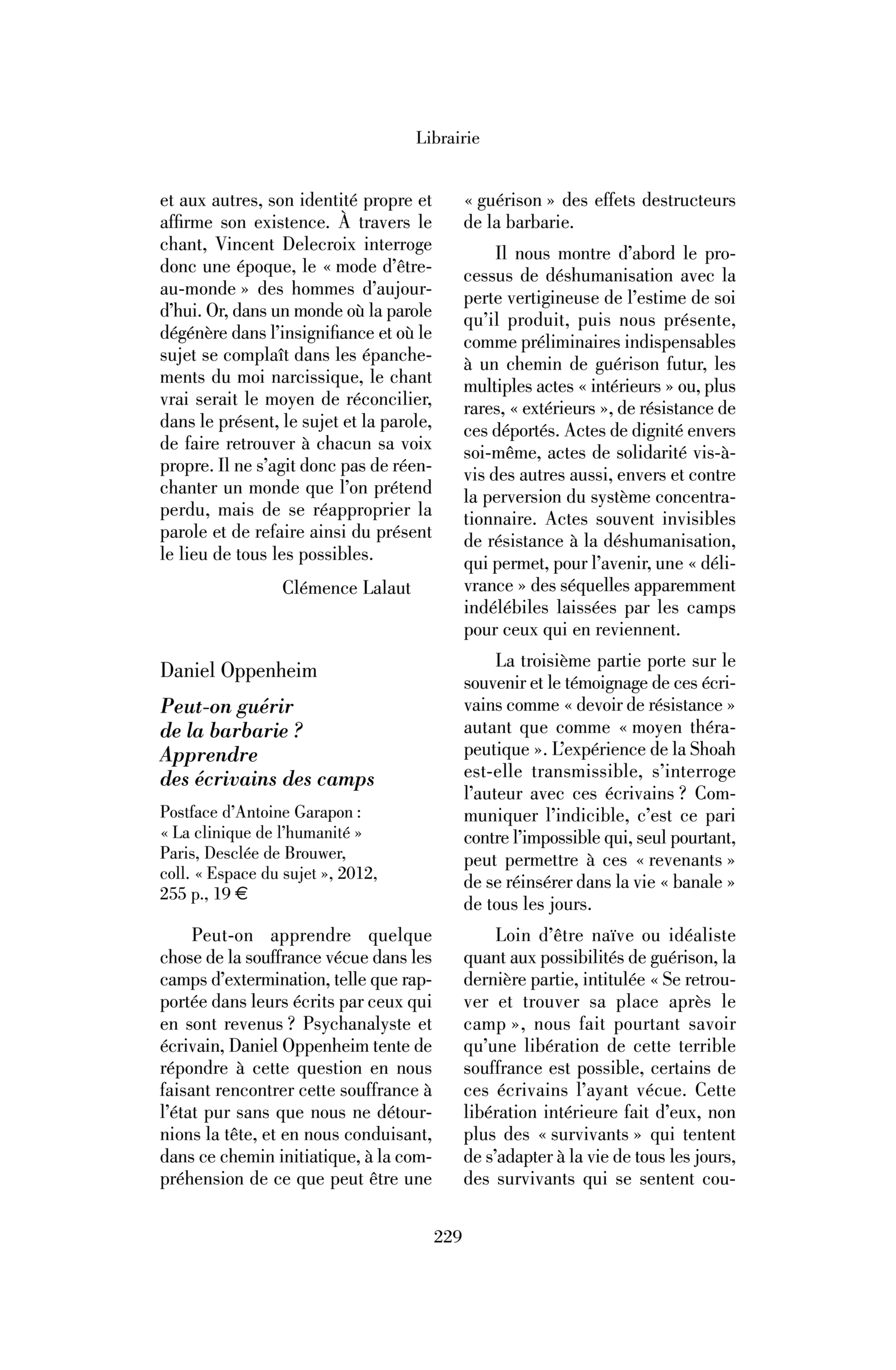 Daniel Oppenheim : Peut-on guérir de la barbarie ? Apprendre des écrivains des camps