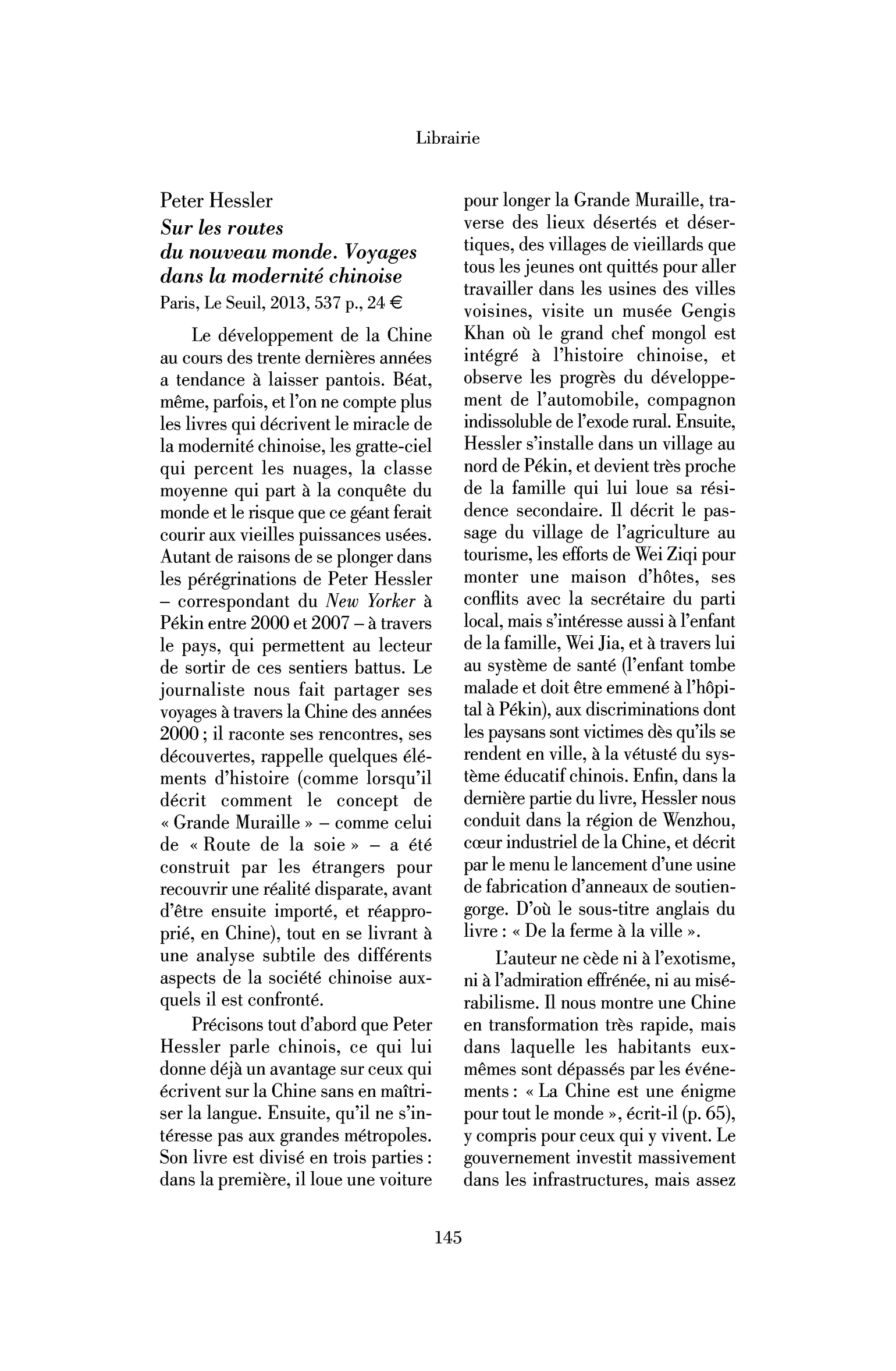 Peter Hessler : Sur les routes du nouveau monde. Voyages dans la modernité chinoise