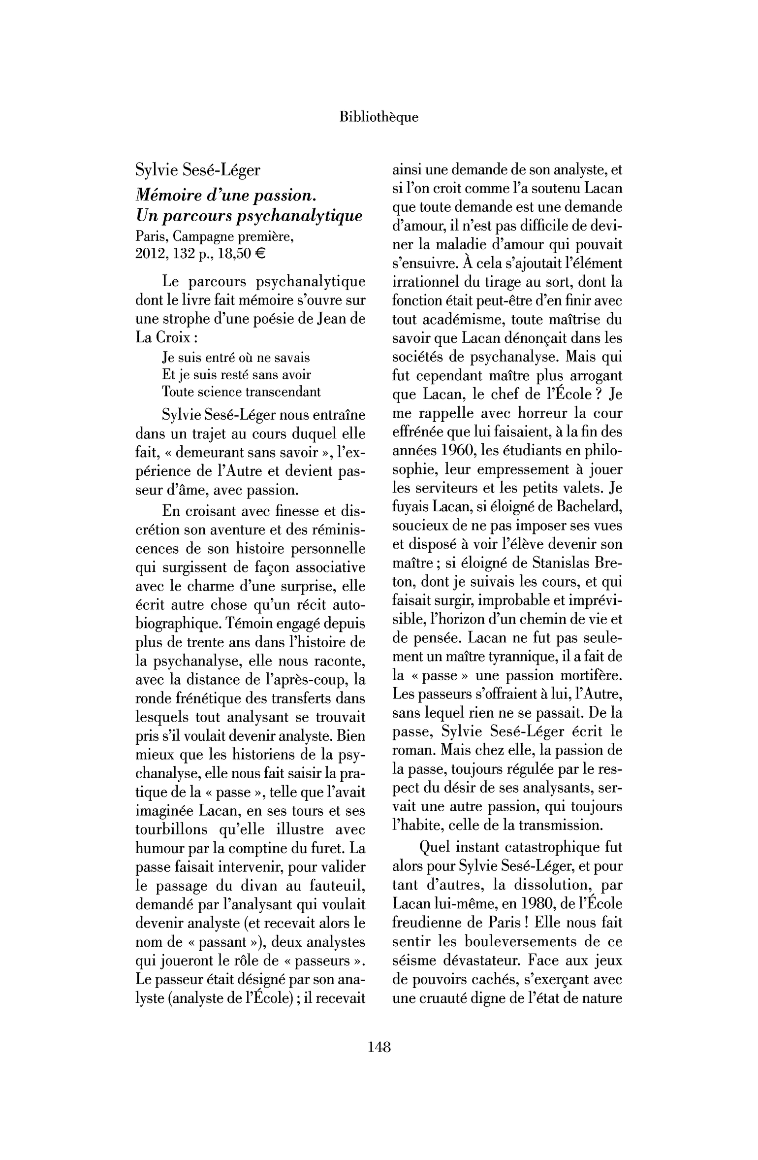 Sylvie Sesé-Léger : Mémoire d’une passion. Un parcours psychanalytique