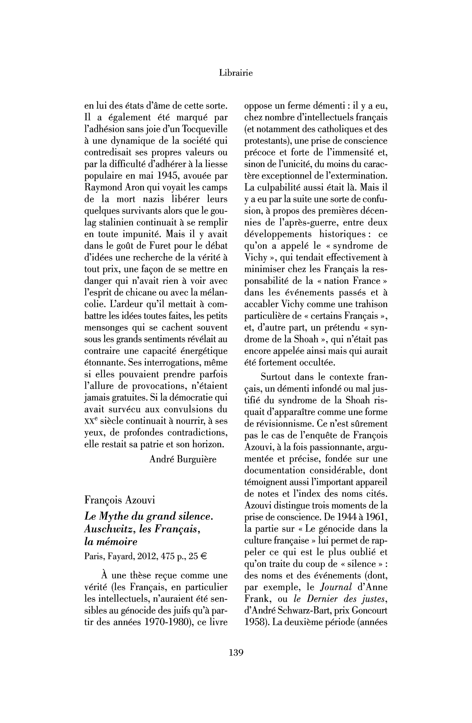 François Azouvi : le Mythe du grand silence. Auschwitz, les Français, la mémoire, Paris, Fayard, 2012