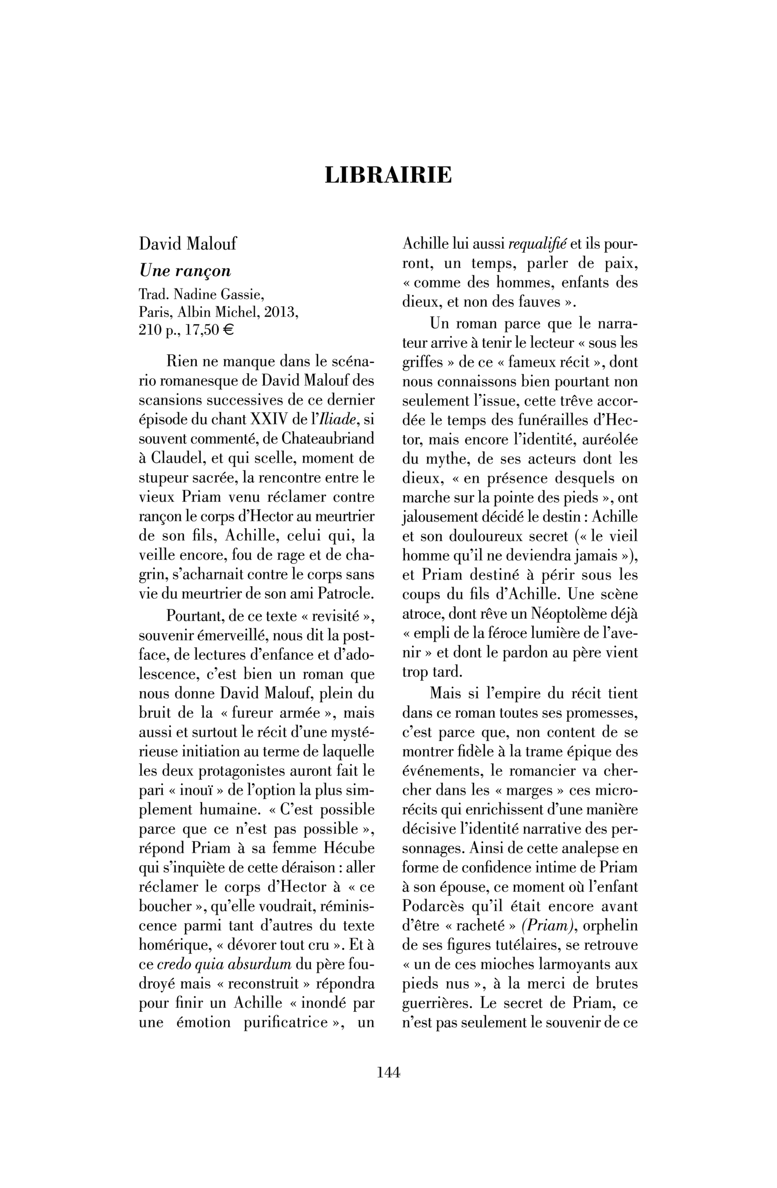 David Malouf : Une rançon