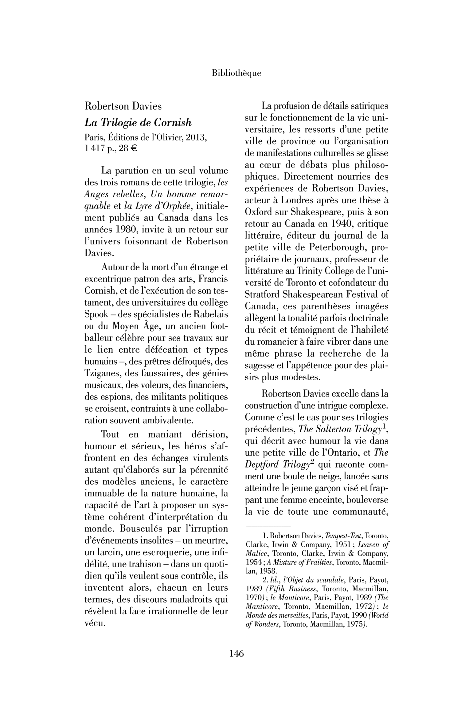 Robertson Davies : la Trilogie de Cornish