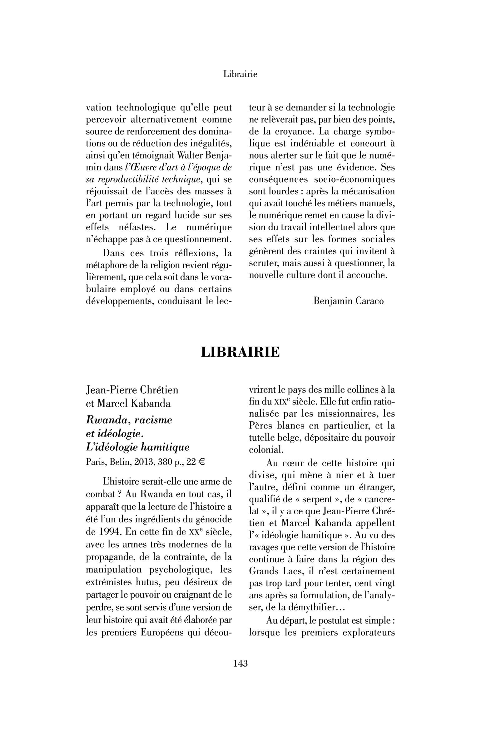 Jean-Pierre Chrétien et Marcel Kabanda : Rwanda, racisme et idéologie. L’idéologie hamitique