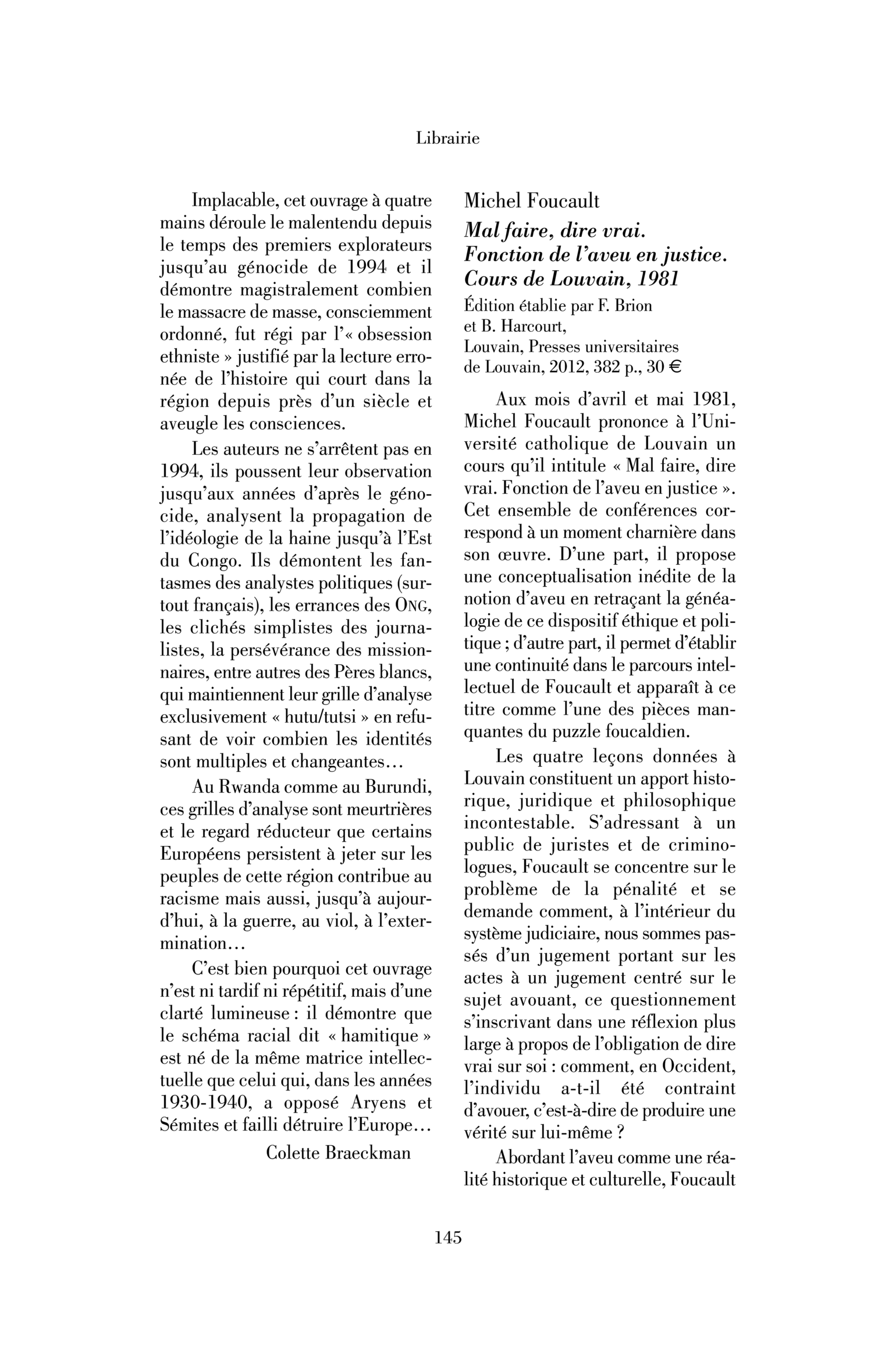 Michel Foucault : Mal faire, dire vrai. Fonction de l’aveu en justice. Cours de Louvain, 1981