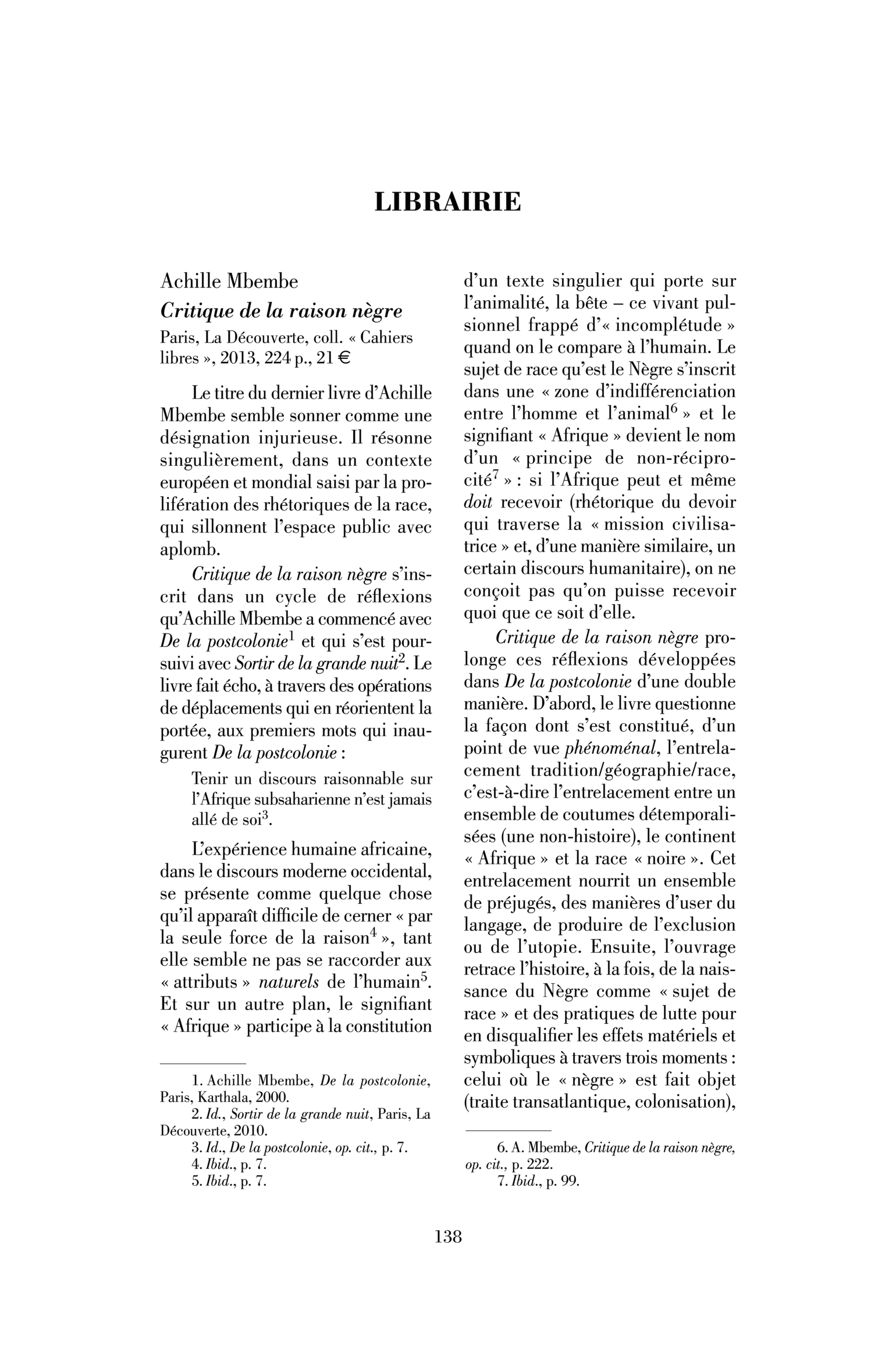 Achille Mbembe : Critique de la raison nègre