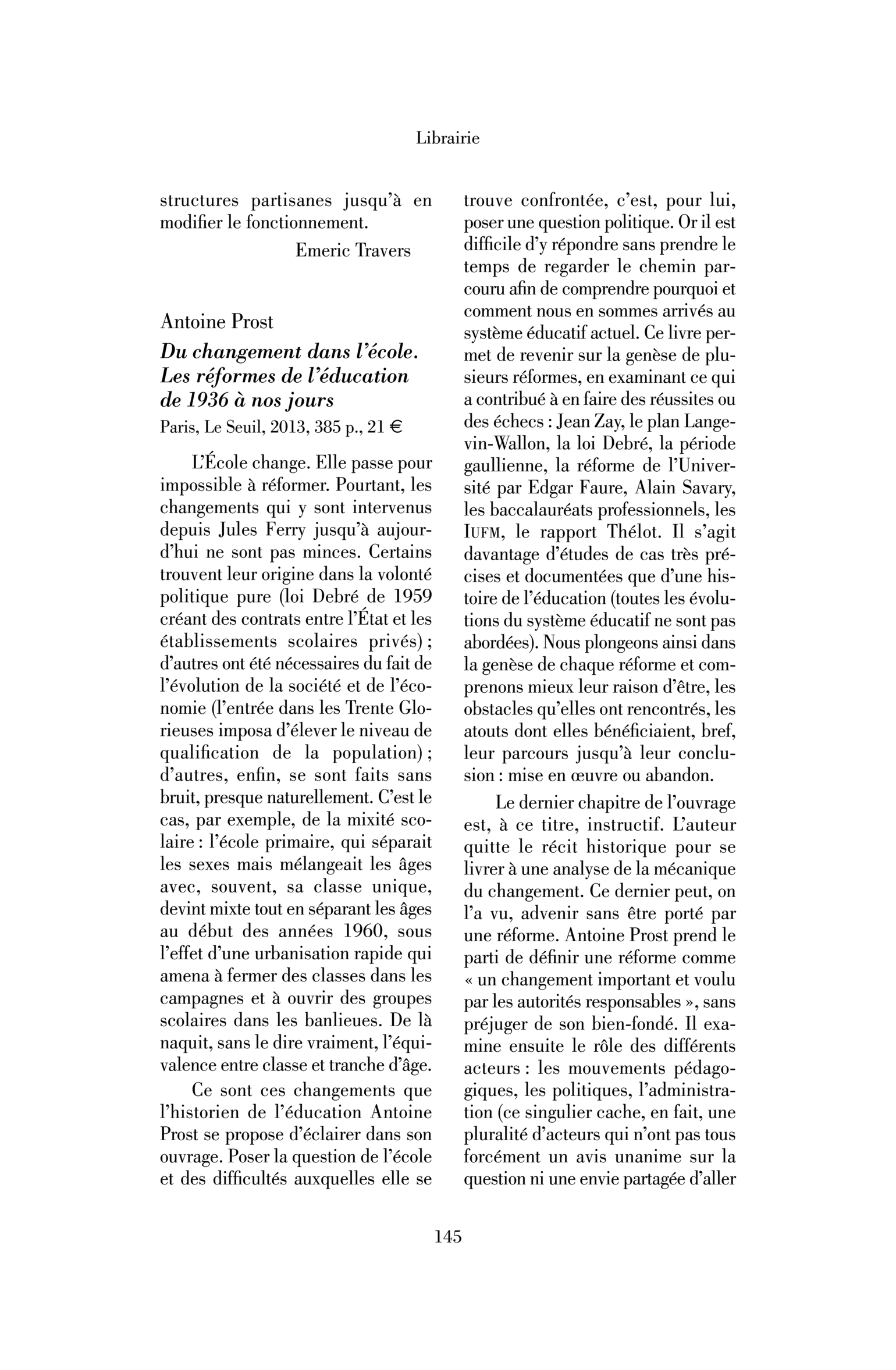 Antoine Prost : Du changement dans l’école. Les réformes de l’éducation