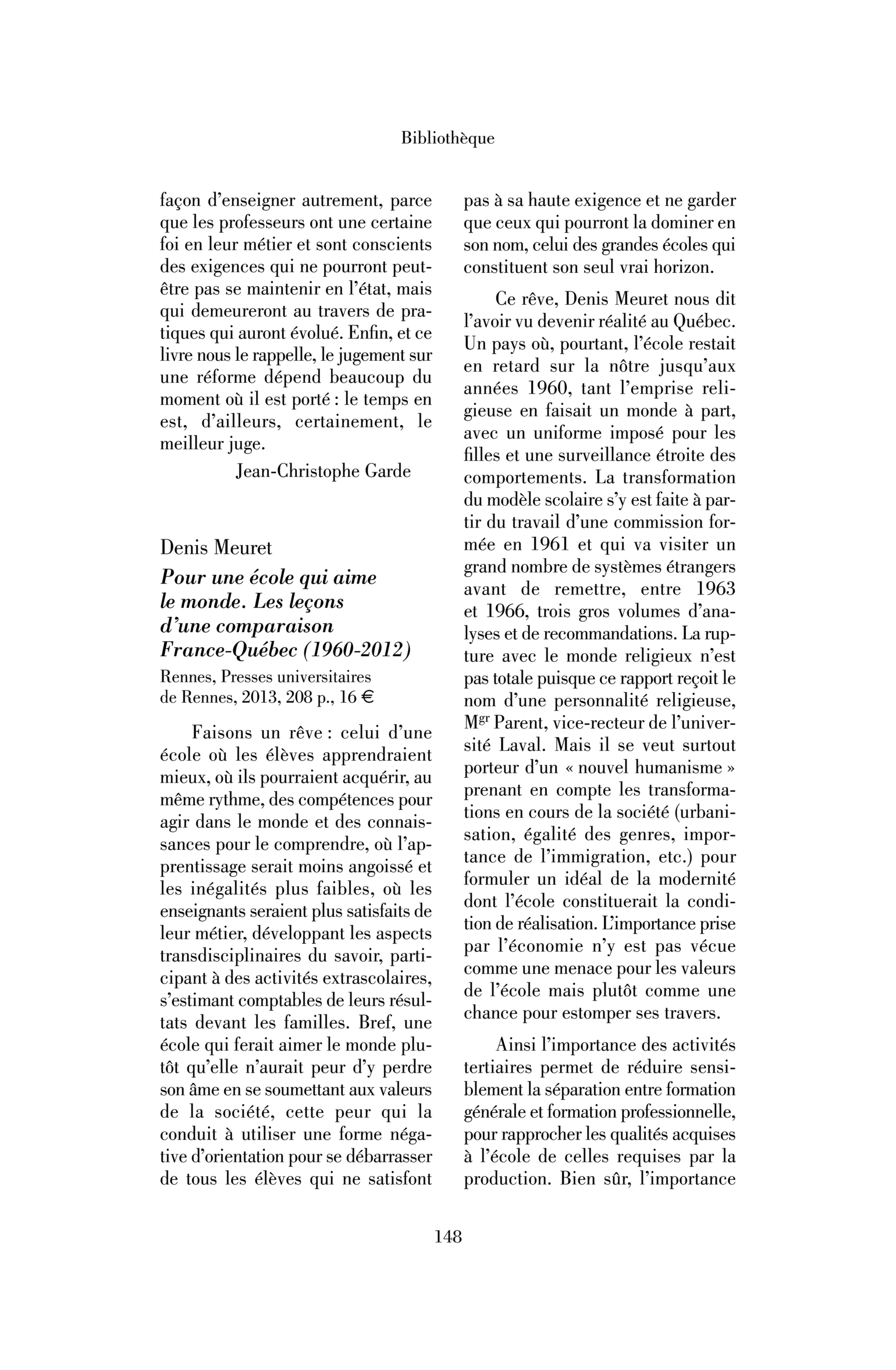 Denis Meuret : Pour une école qui aime le monde. Les leçons d’une comparaison France-Québec (1960-2012)