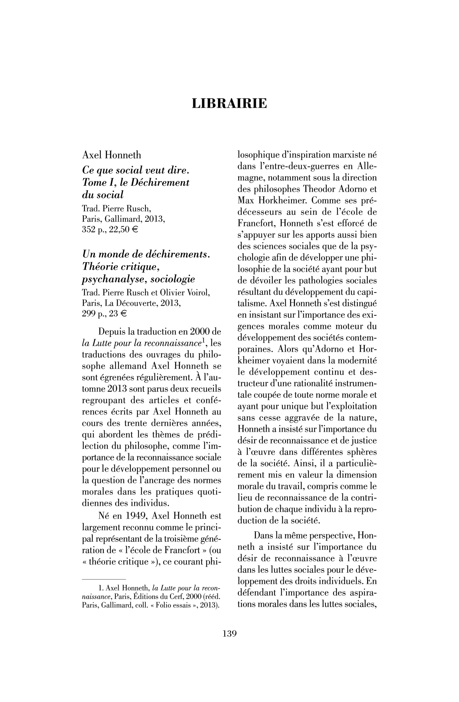 Axel Honneth : Ce que social veut dire. Tome I, le Déchirement du social