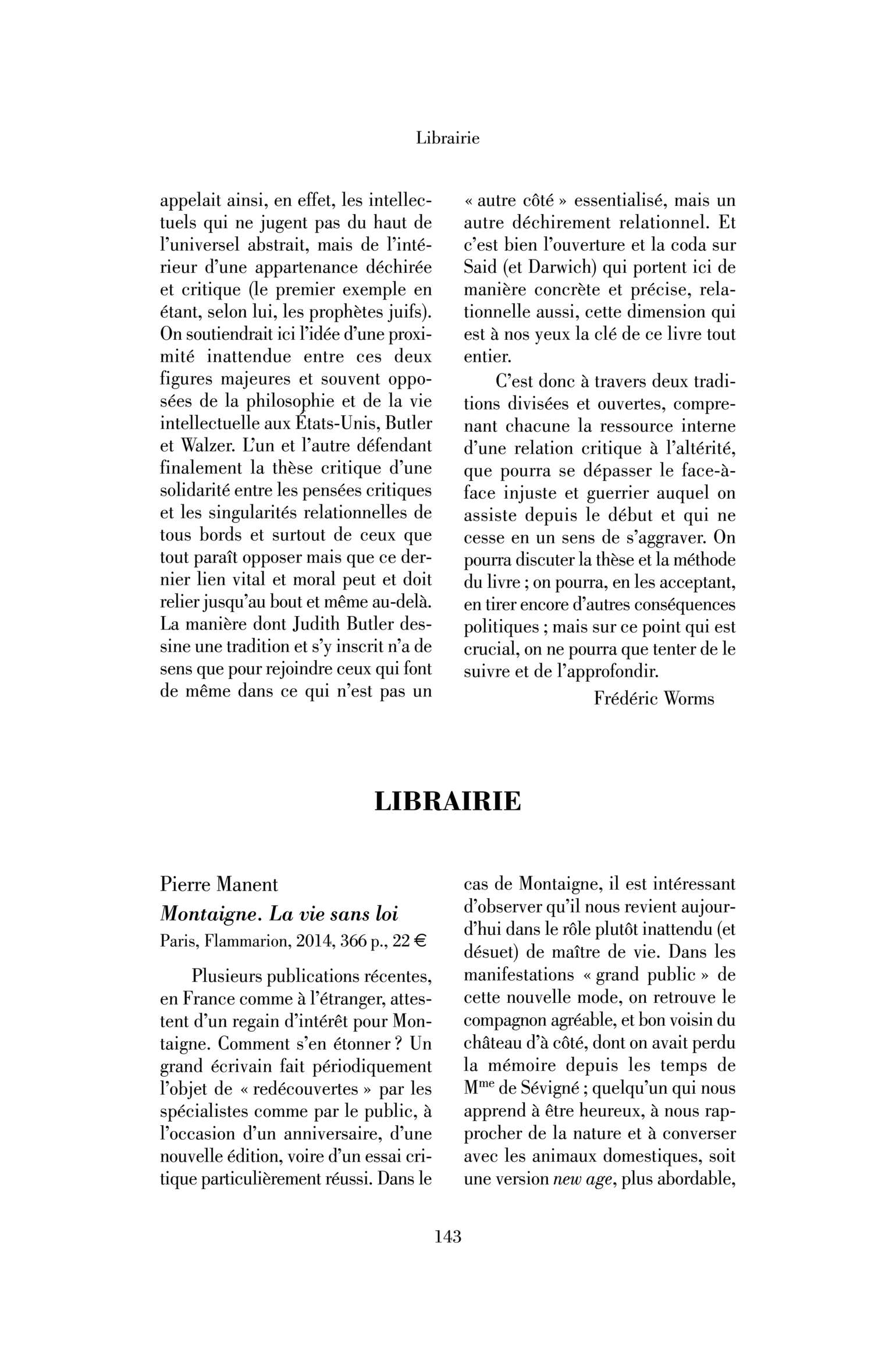 Pierre Manent : Montaigne. La vie sans loi