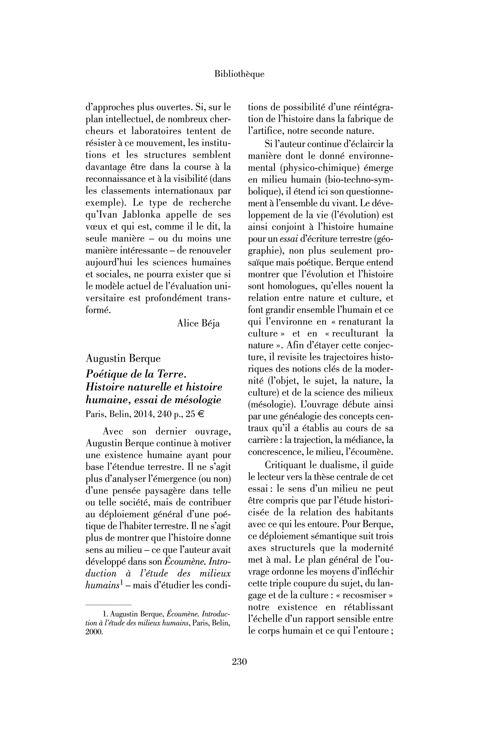 Augustin Berque : Poétique de la Terre. Histoire naturelle et histoire humaine, essai de mésologie